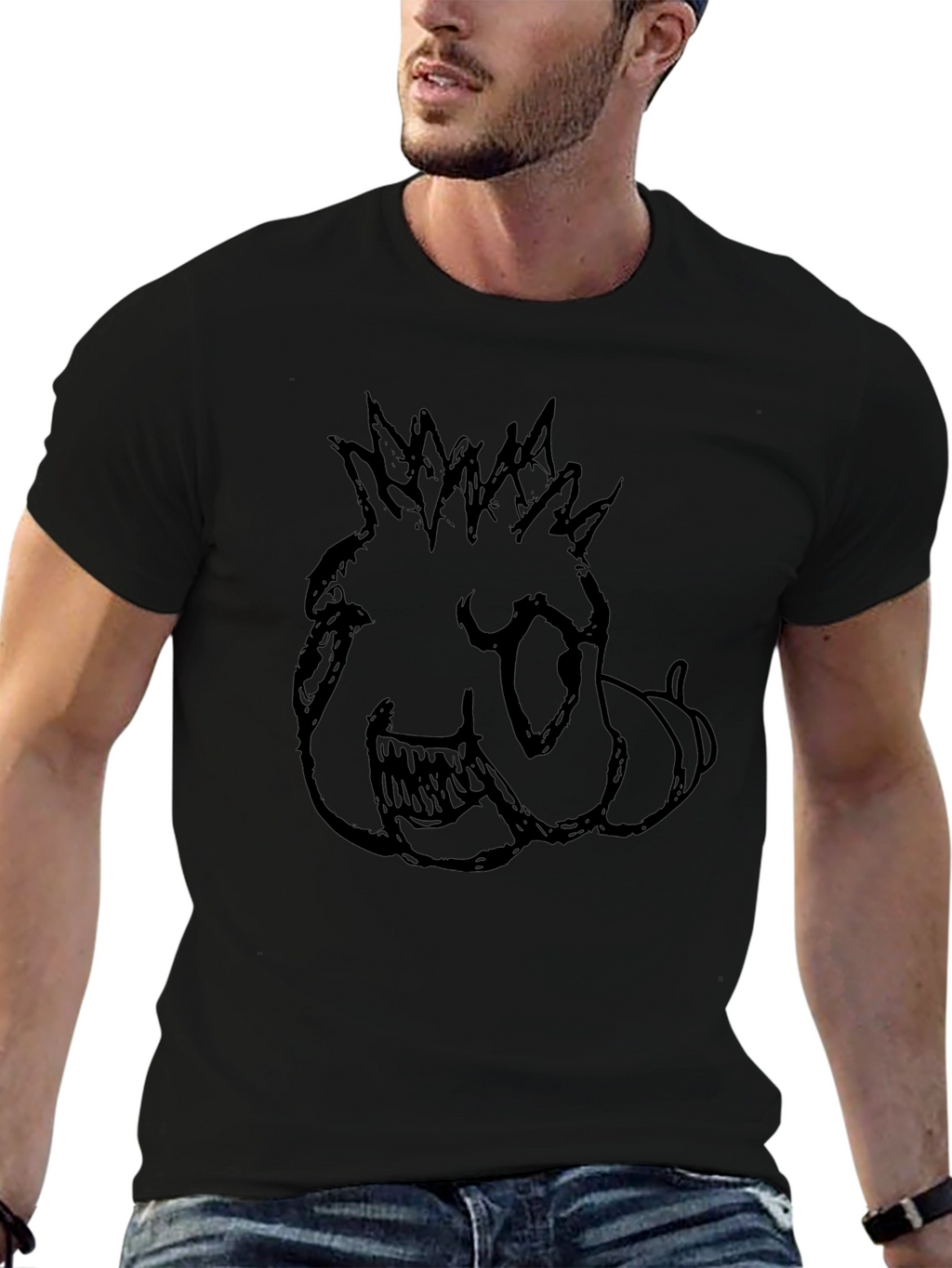 Mens Black T-Shirt with Monster Sketch Print