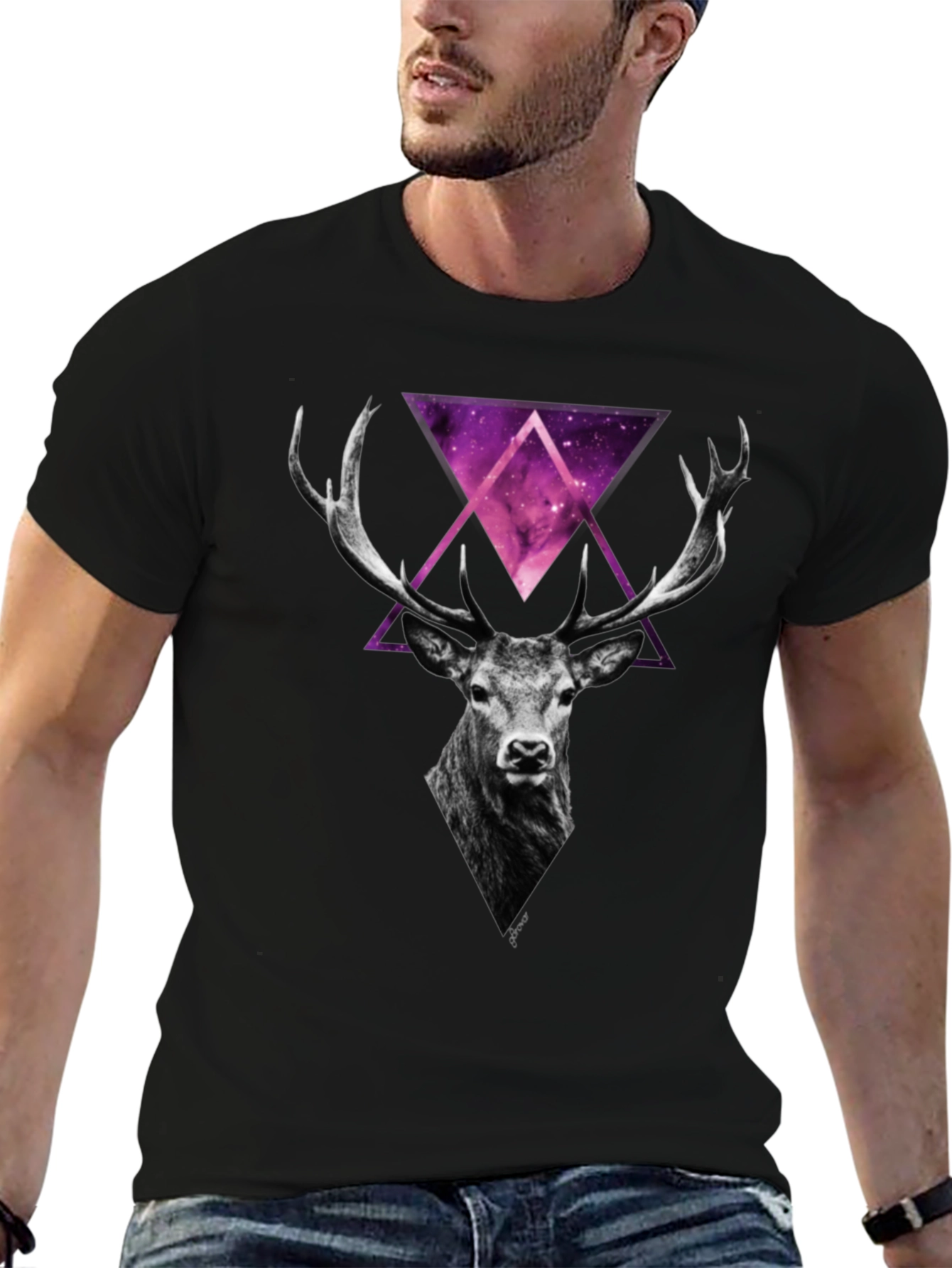 Deer Galaxy Graphic Print T-Shirt - Mens Black Tee