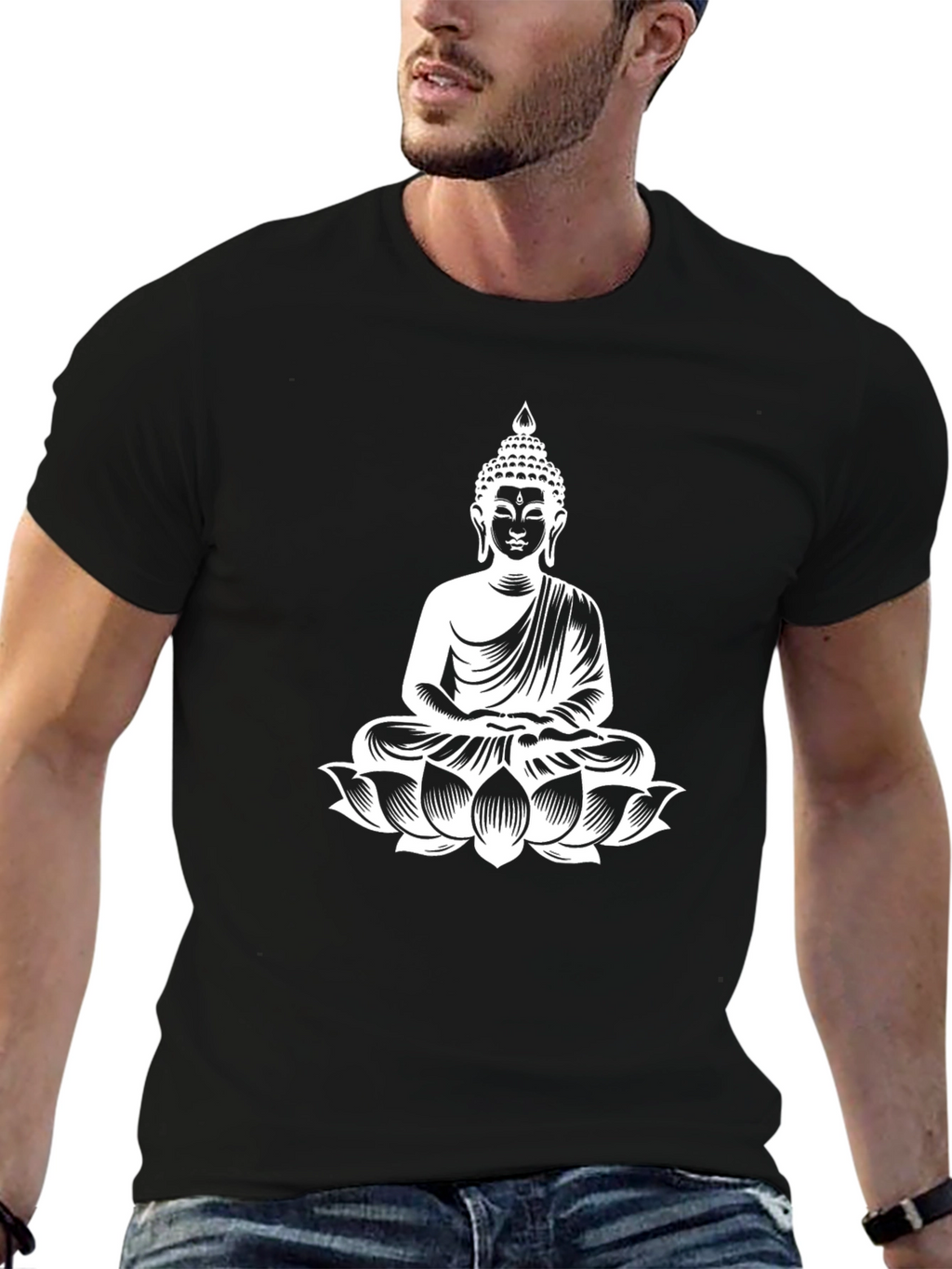 Buddha Lotus Graphic Print T-Shirt - Black