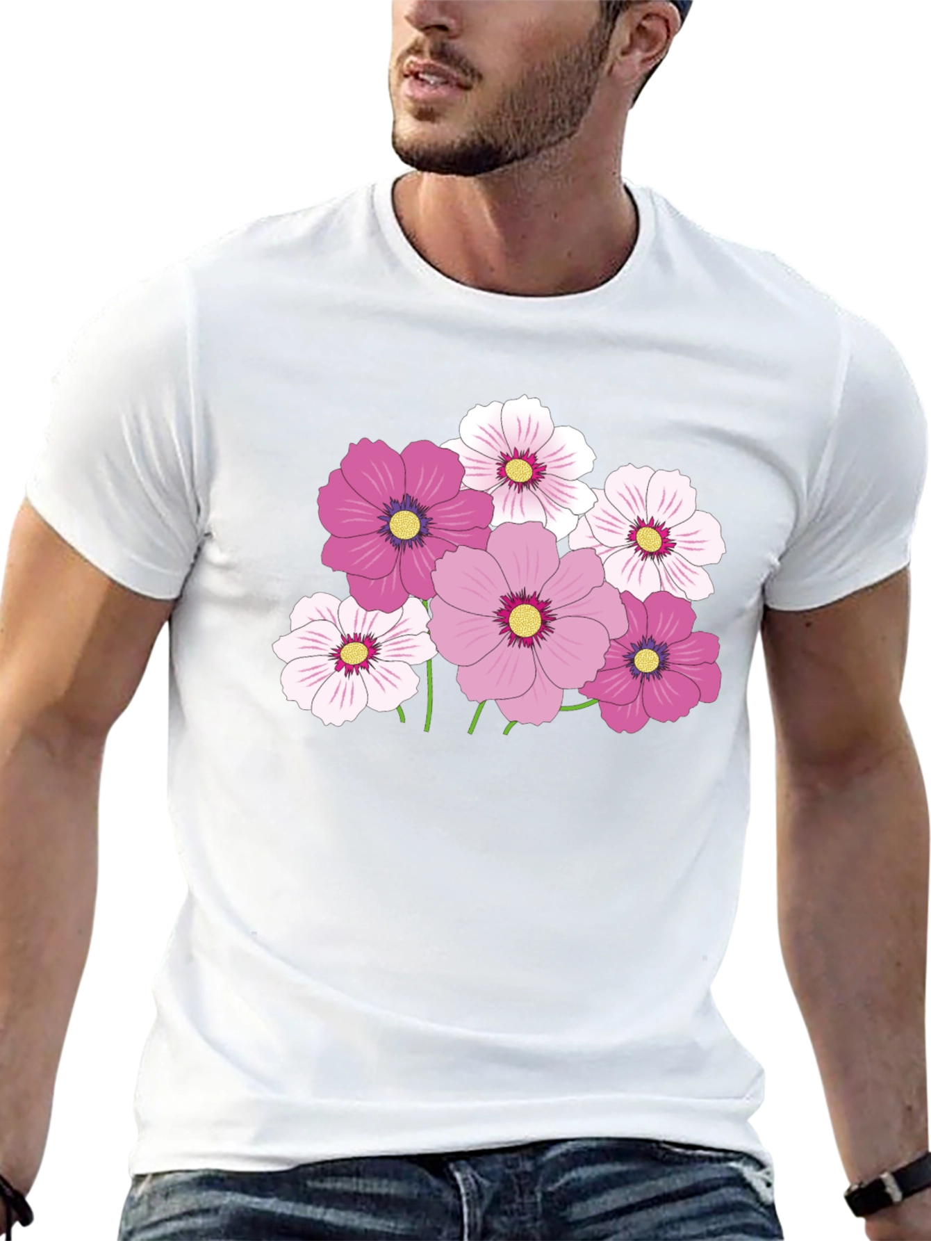 Floral Graphic Tee - Pink Cosmos Flower Design