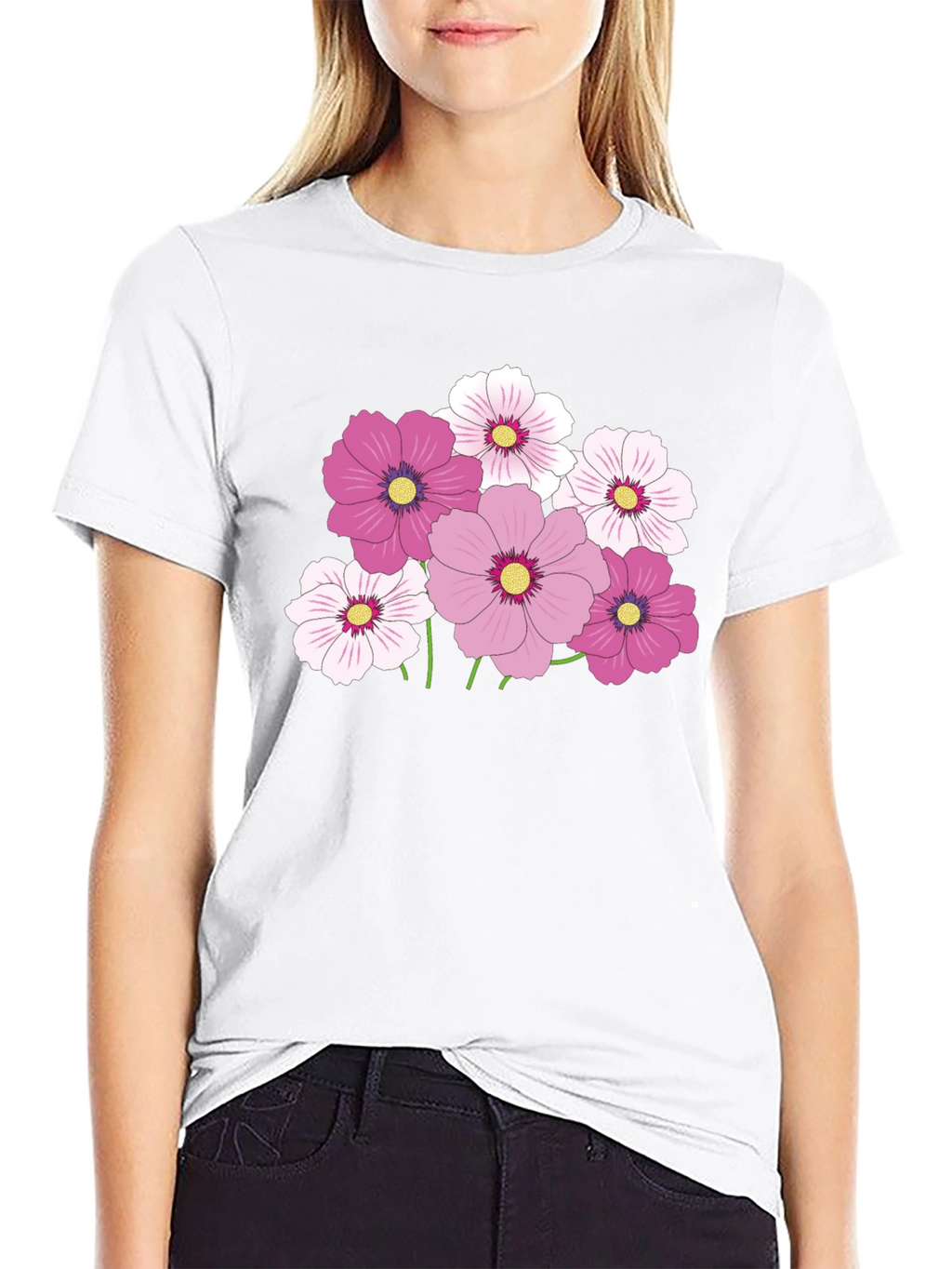 Floral Graphic Tee - Pink Cosmos Flower Design