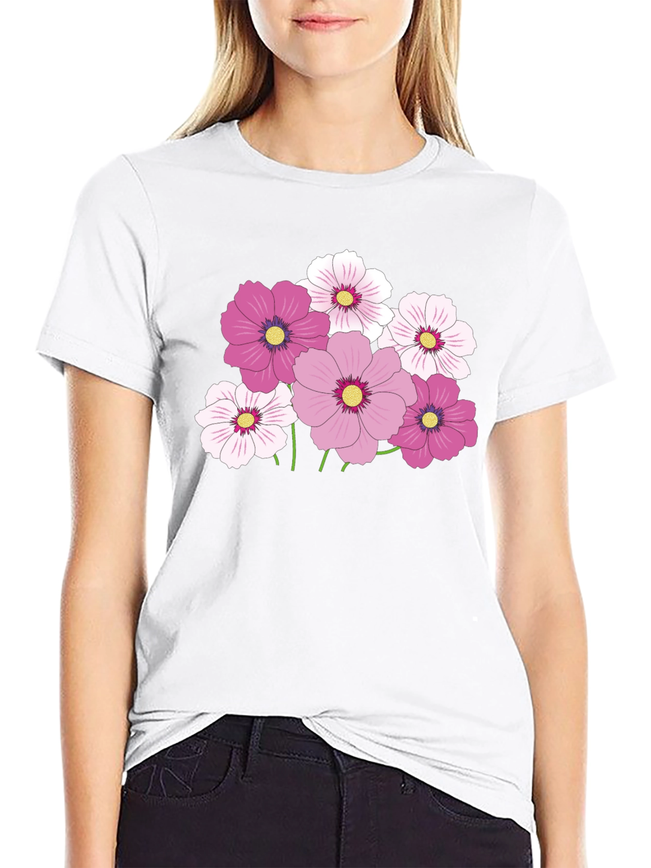 Floral Graphic Tee - Pink Cosmos Flower Design