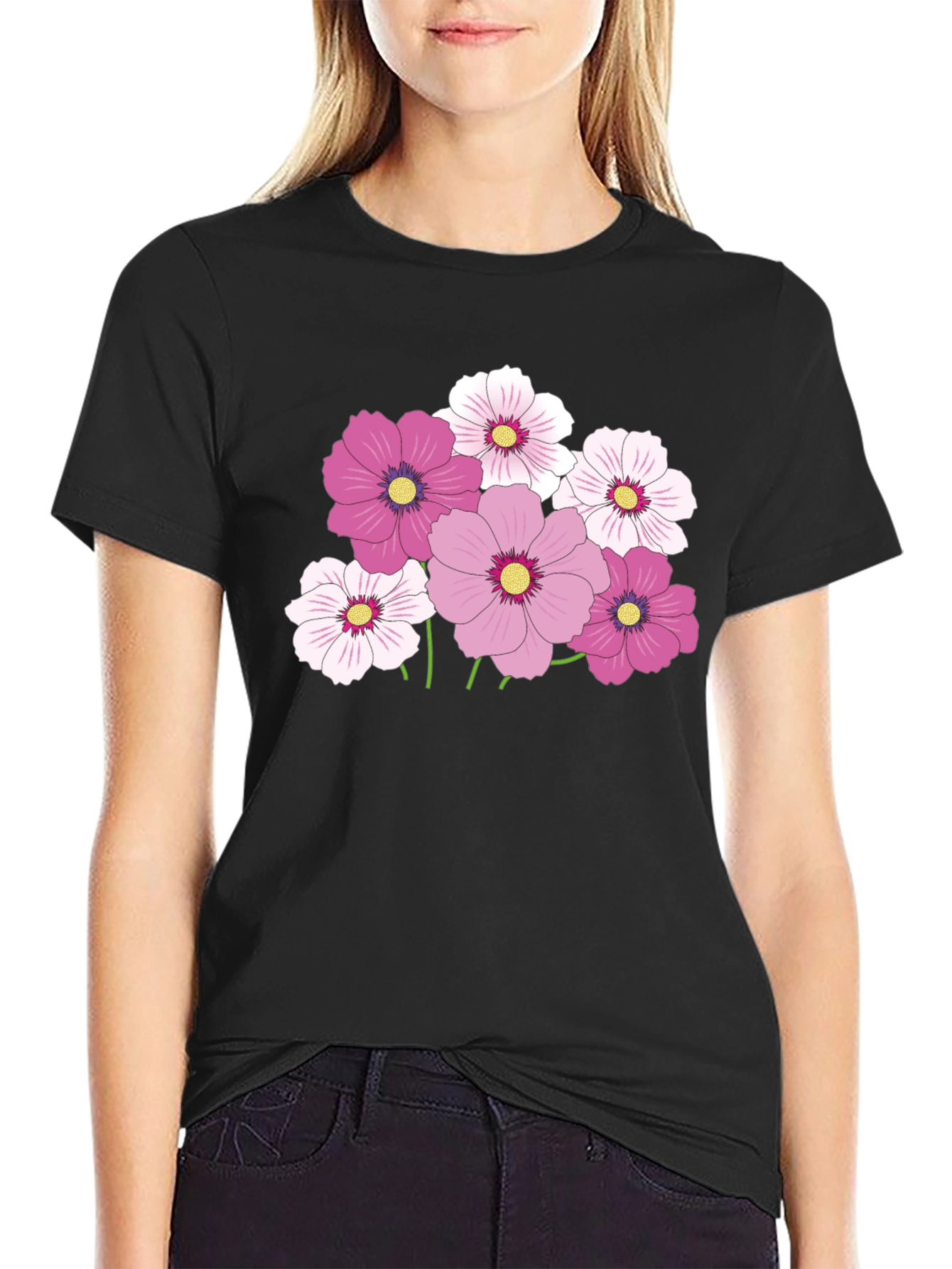 Floral Graphic Tee - Pink Cosmos Flower Design