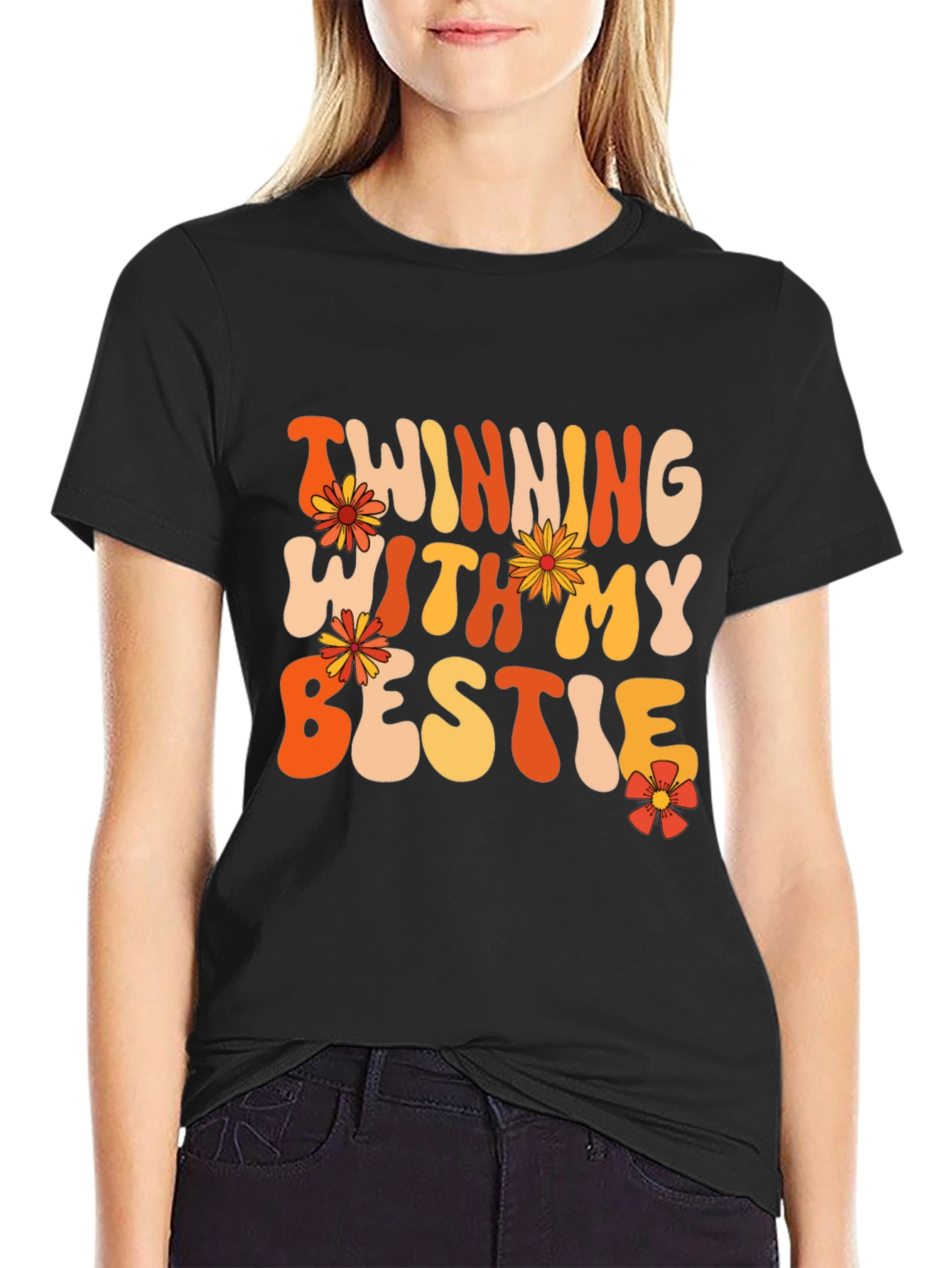 Twinning With My Bestie Black Graphic Tee