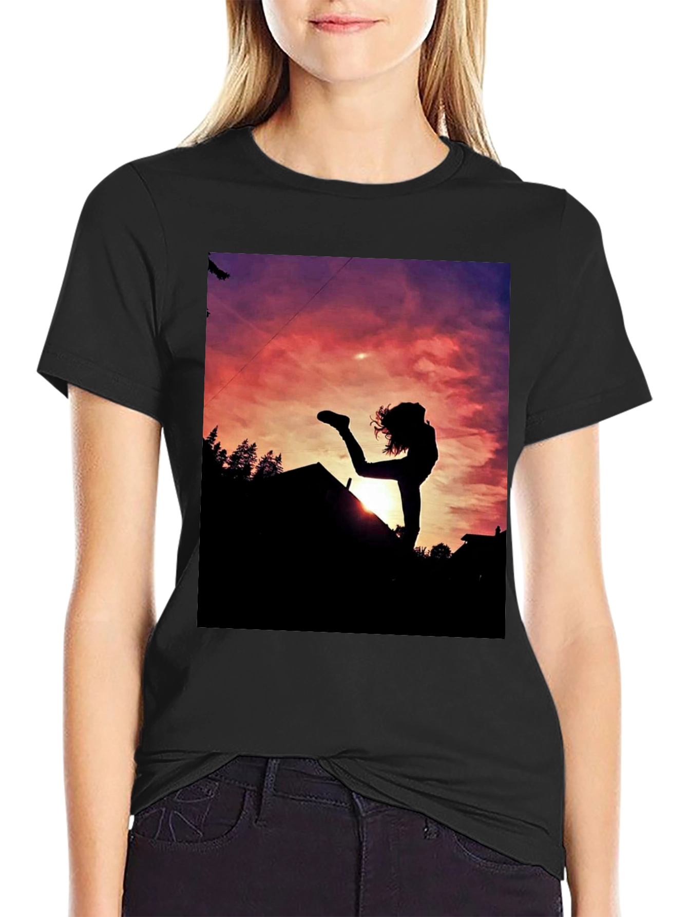 Silhouette Sunset Graphic Tee - Black Cotton Blend