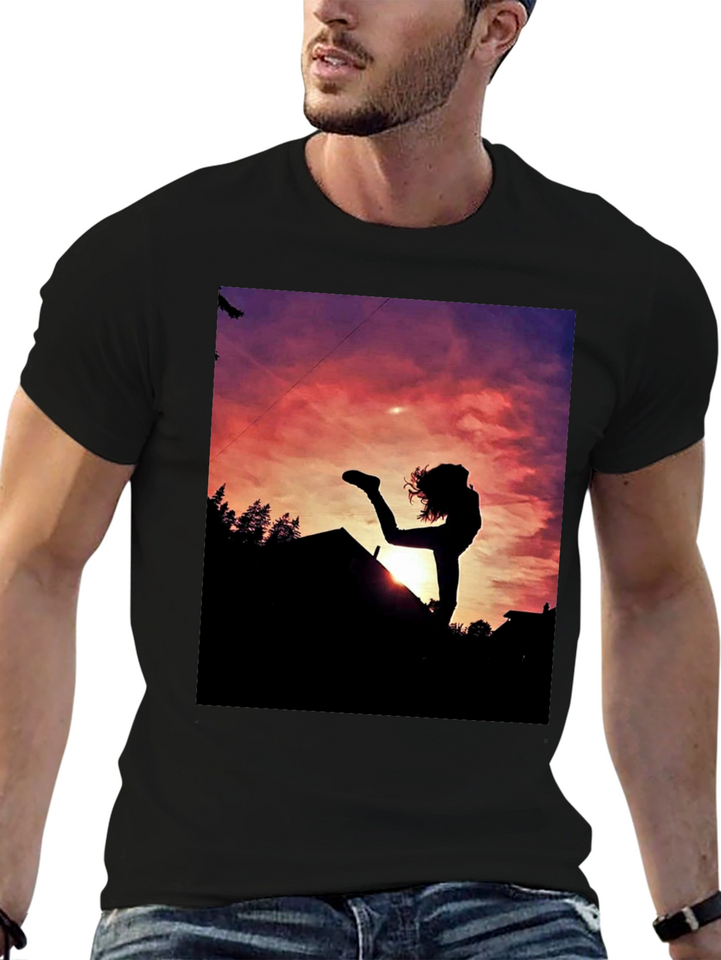 Silhouette Sunset Graphic Tee - Black Cotton Blend