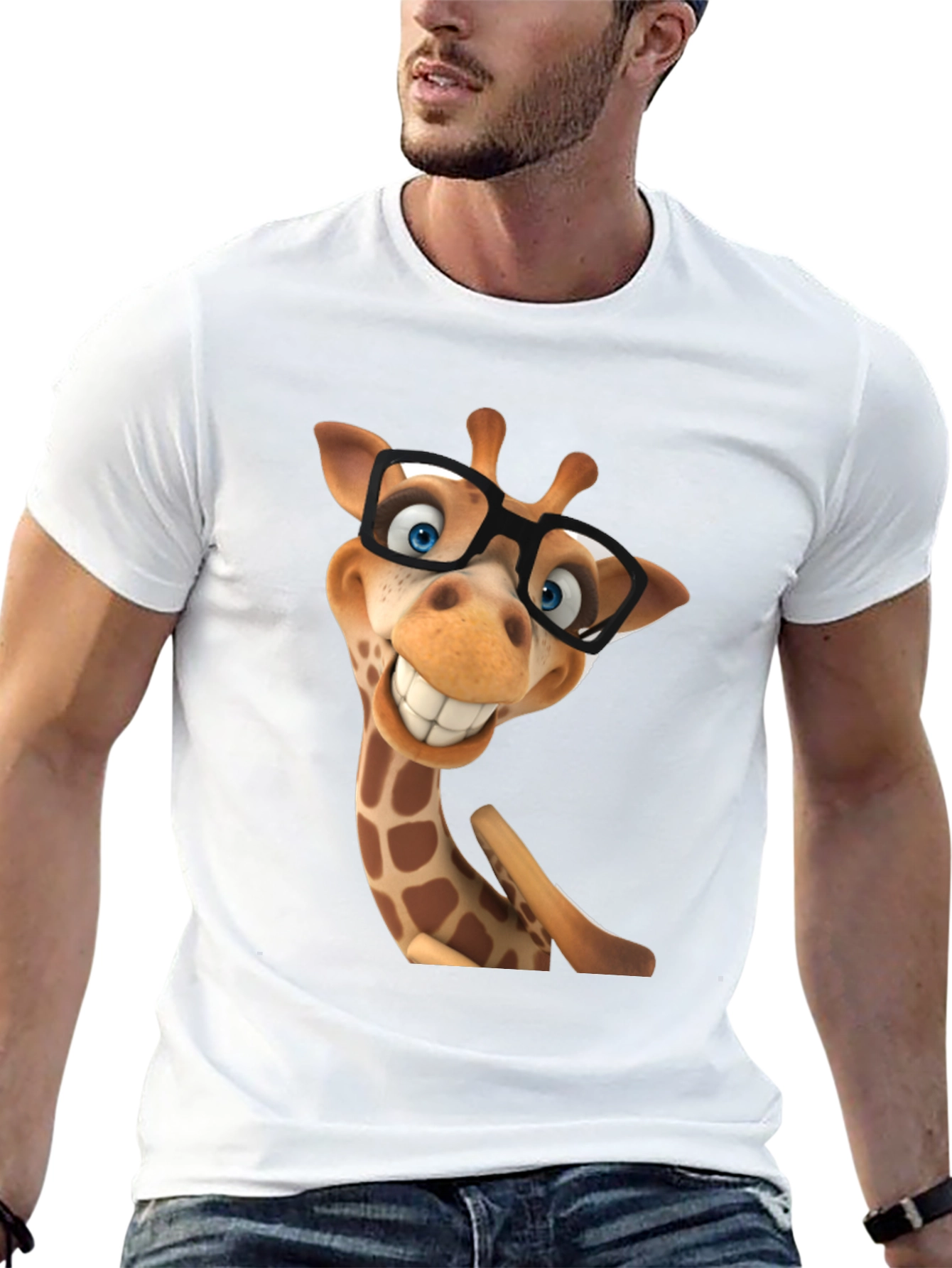 Funny Giraffe in Glasses Graphic Tee - Black T-Shirt