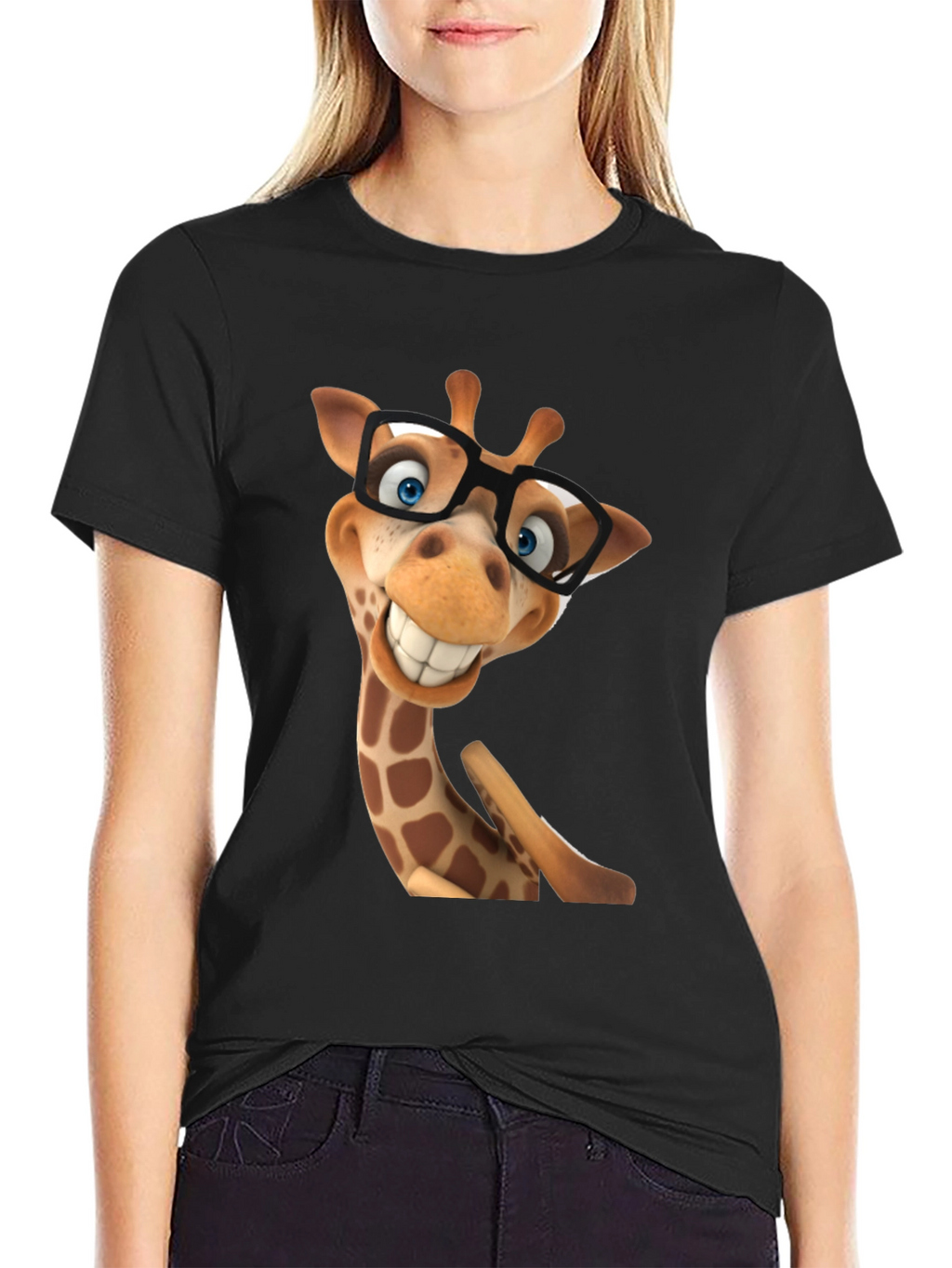 Funny Giraffe in Glasses Graphic Tee - Black T-Shirt