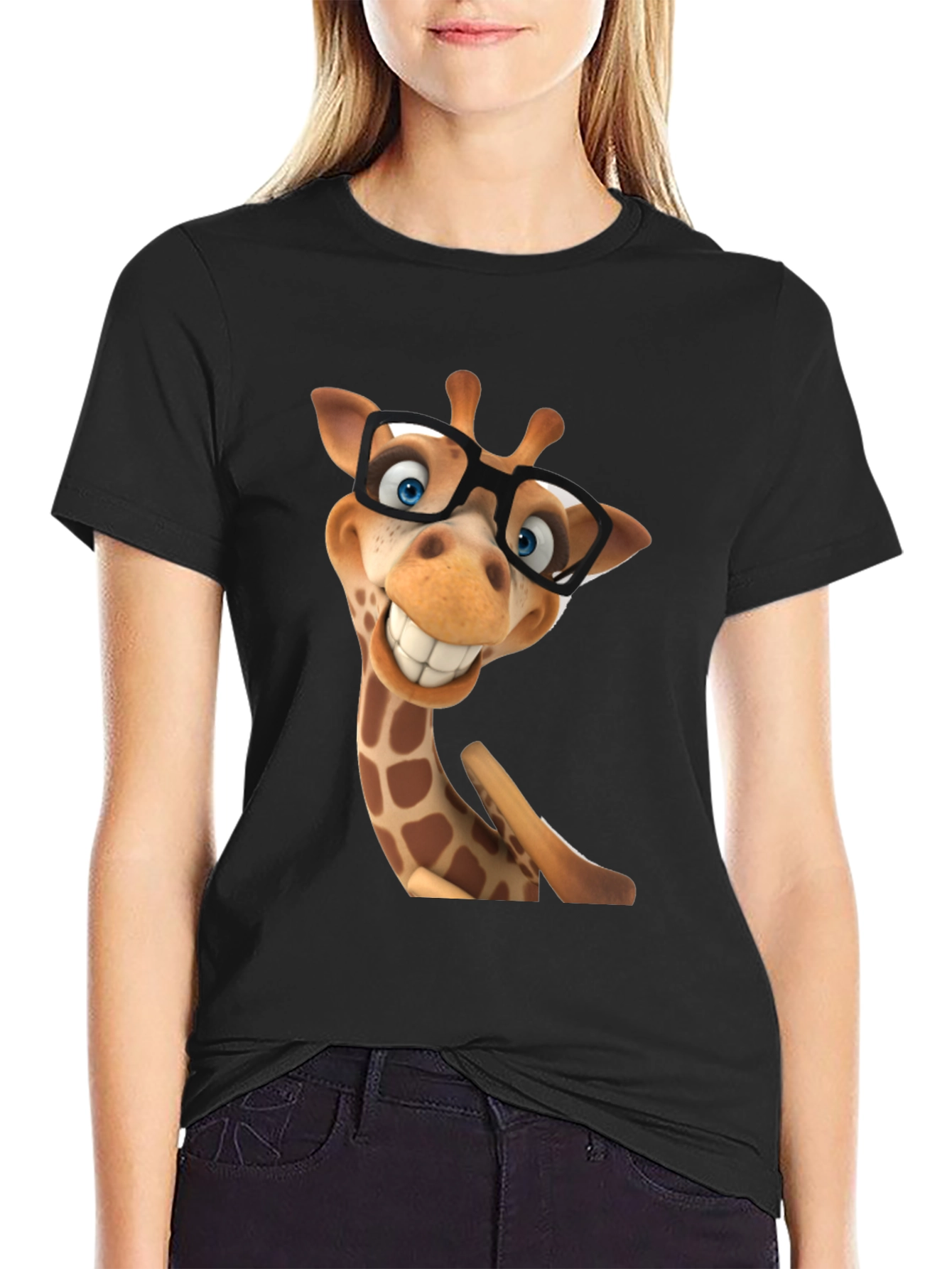 Funny Giraffe in Glasses Graphic Tee - Black T-Shirt