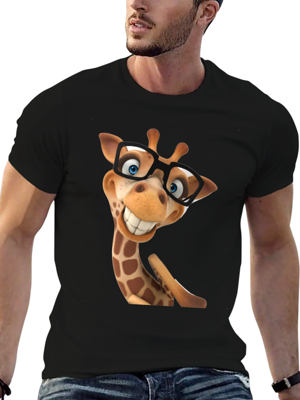 Funny Giraffe in Glasses Graphic Tee - Black T-Shirt