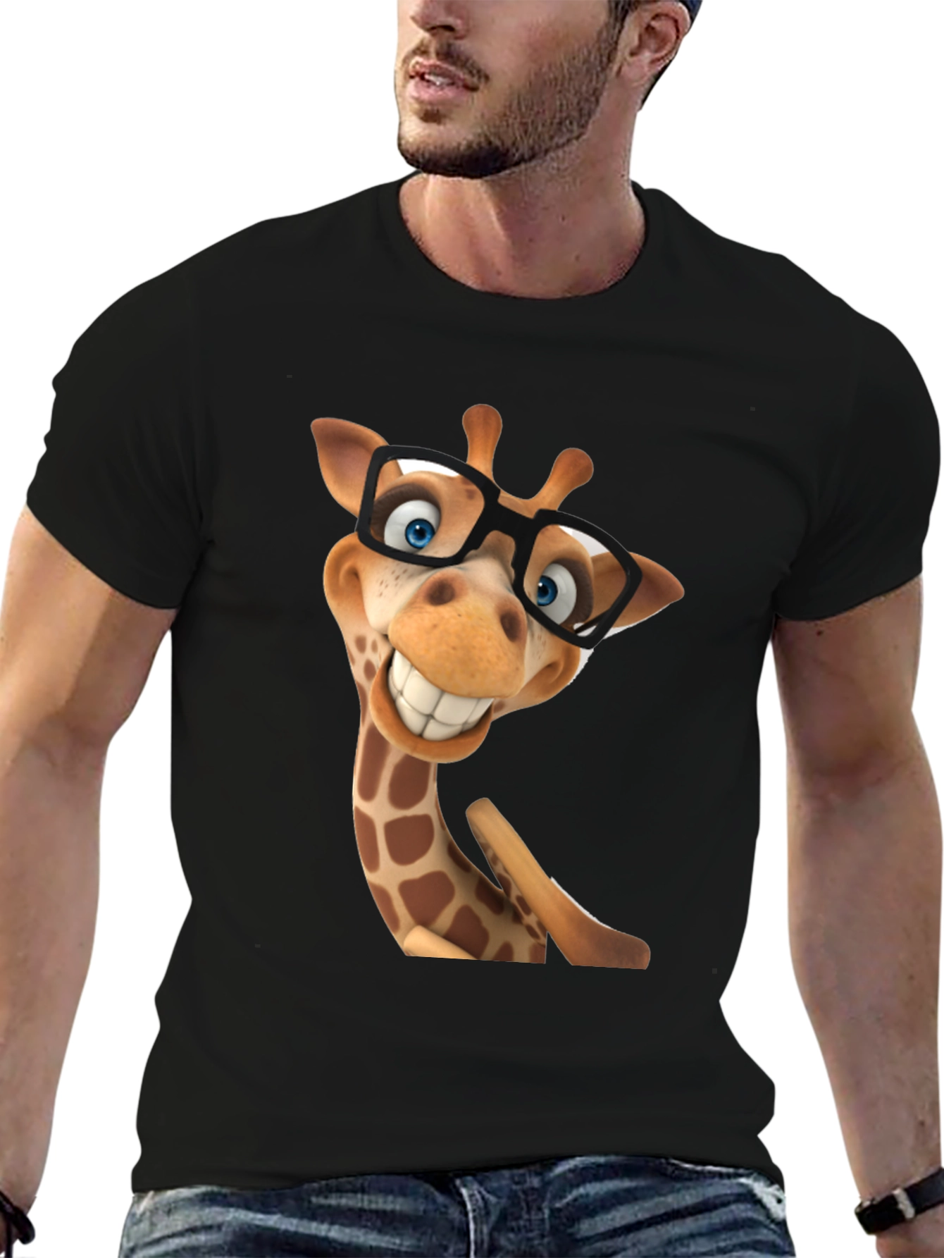 Funny Giraffe in Glasses Graphic Tee - Black T-Shirt