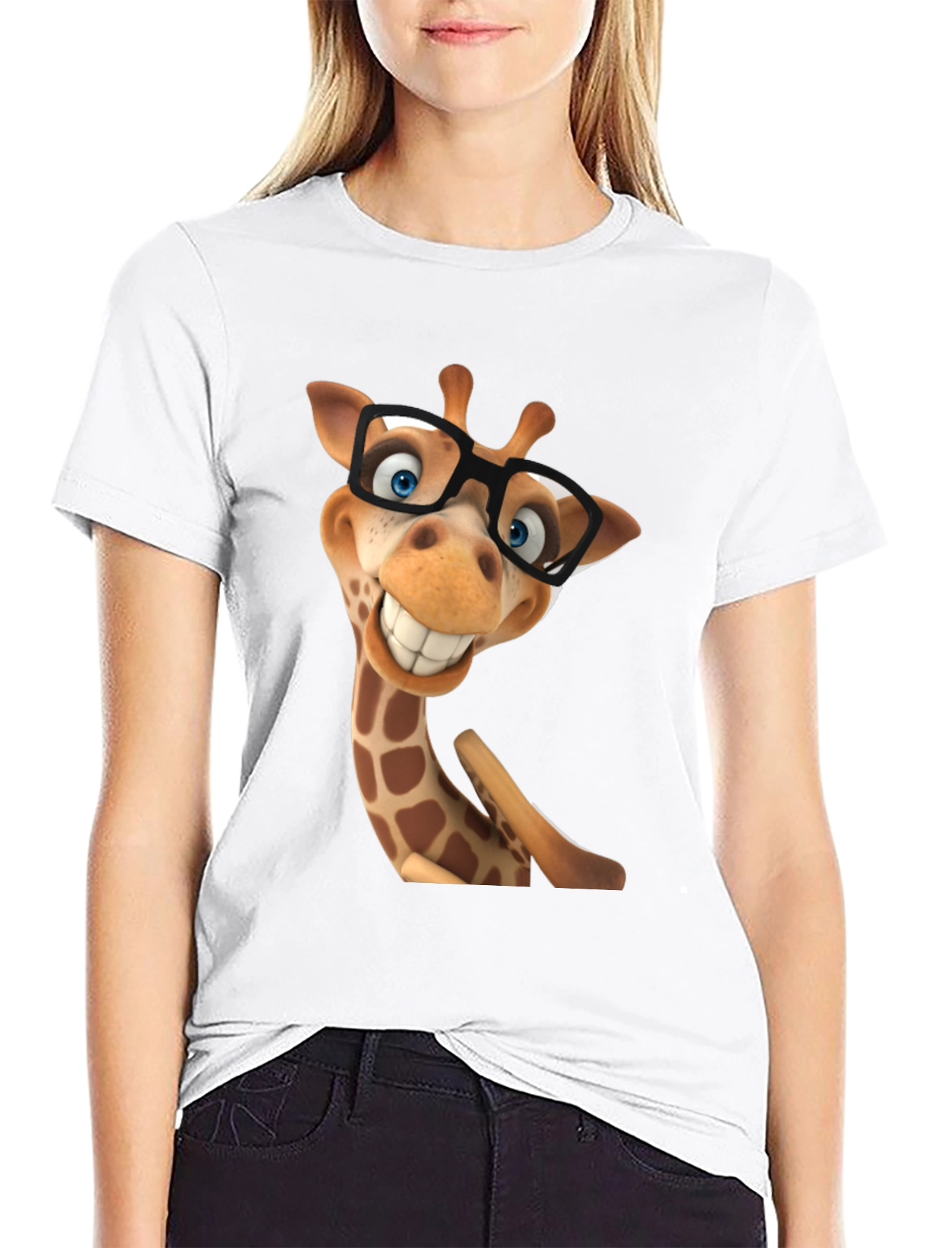 Funny Giraffe in Glasses Graphic Tee - Black T-Shirt