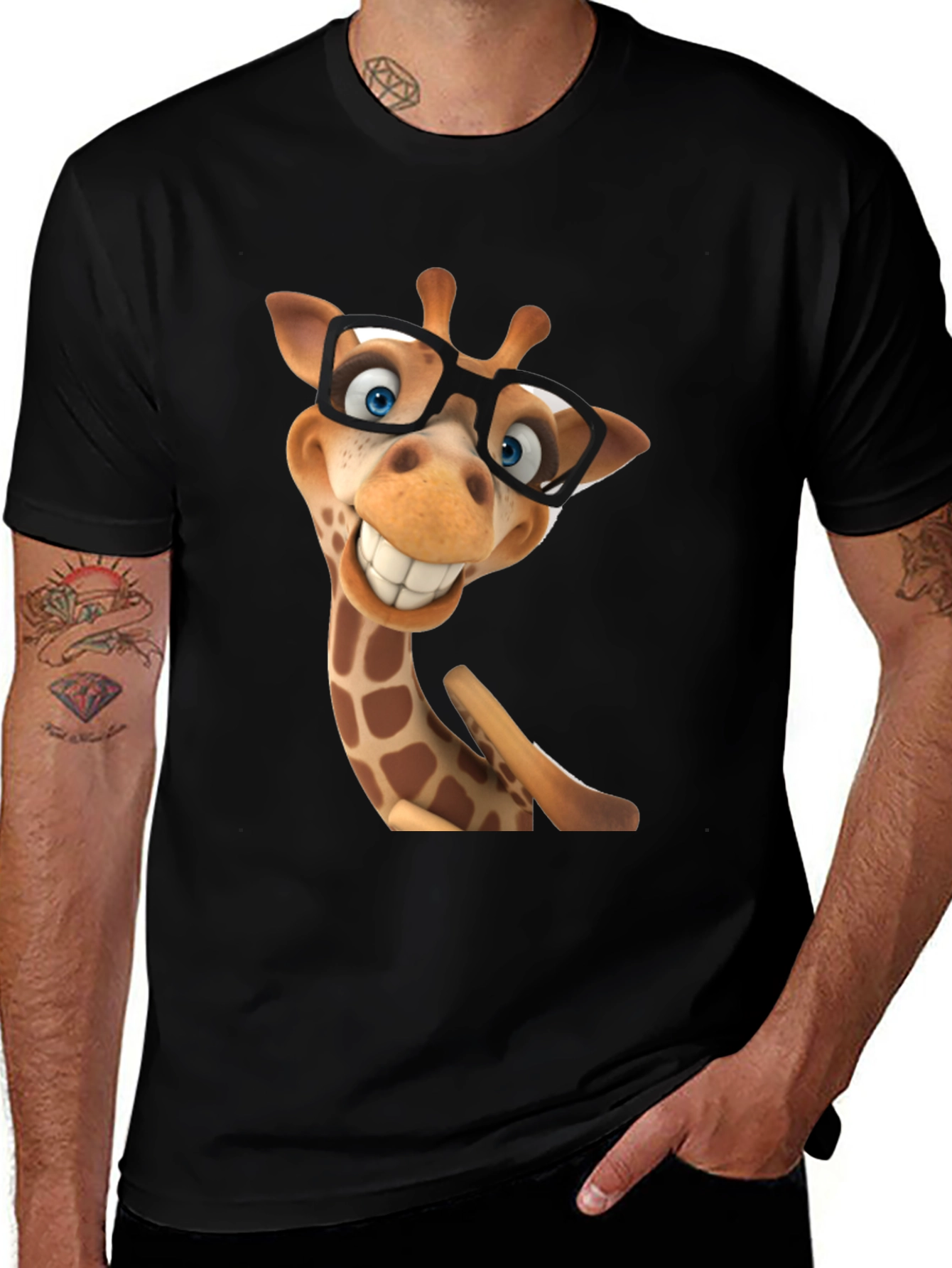 Funny Giraffe in Glasses Graphic Tee - Black T-Shirt
