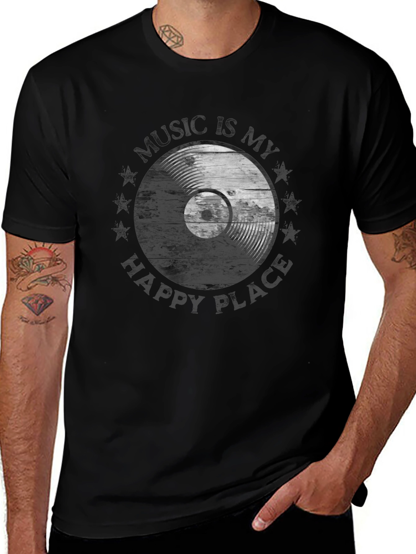 Music Is My Happy Place Vinyl Record Graphic T-Shirt