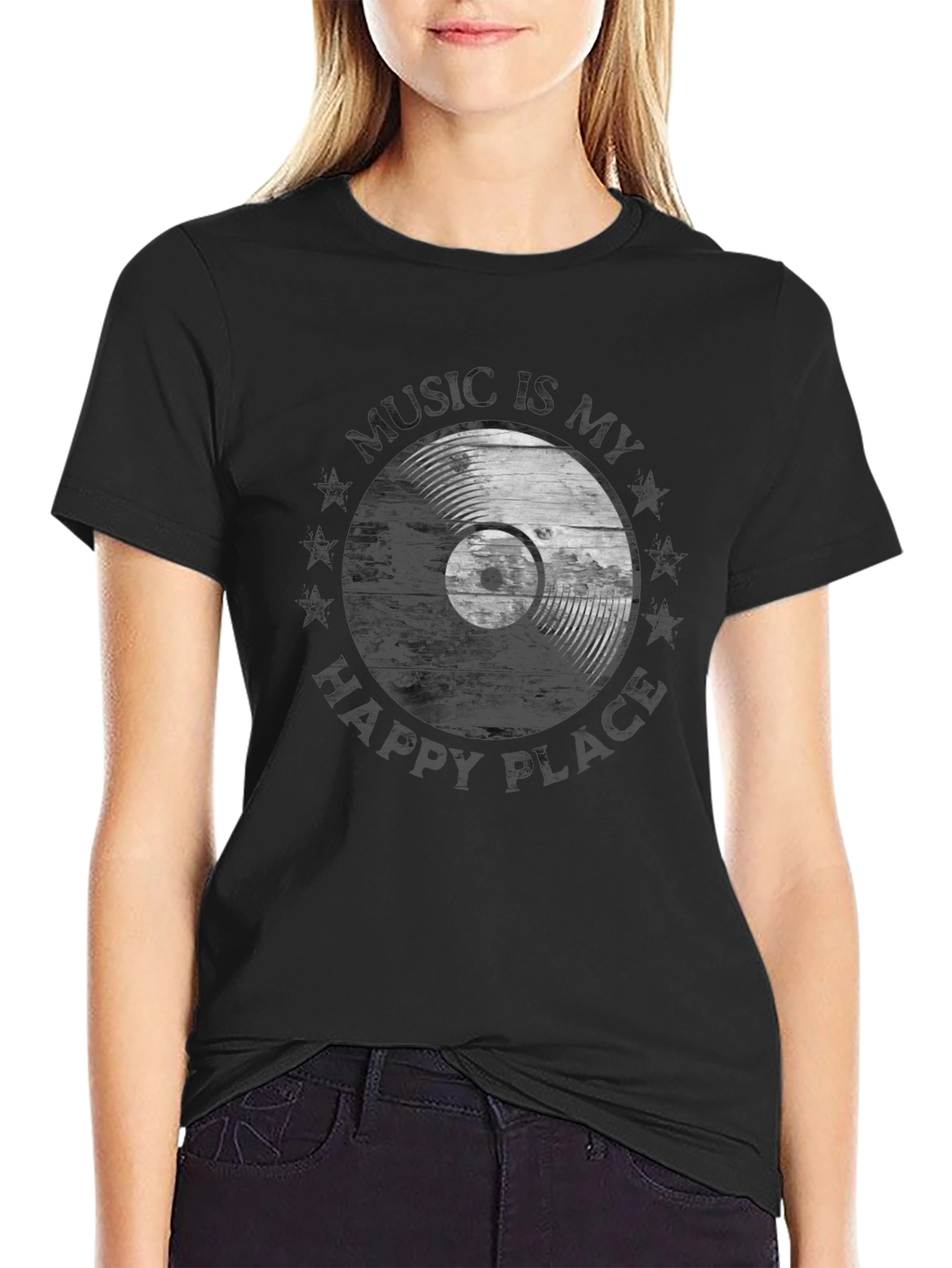 Music Is My Happy Place Vinyl Record Graphic T-Shirt