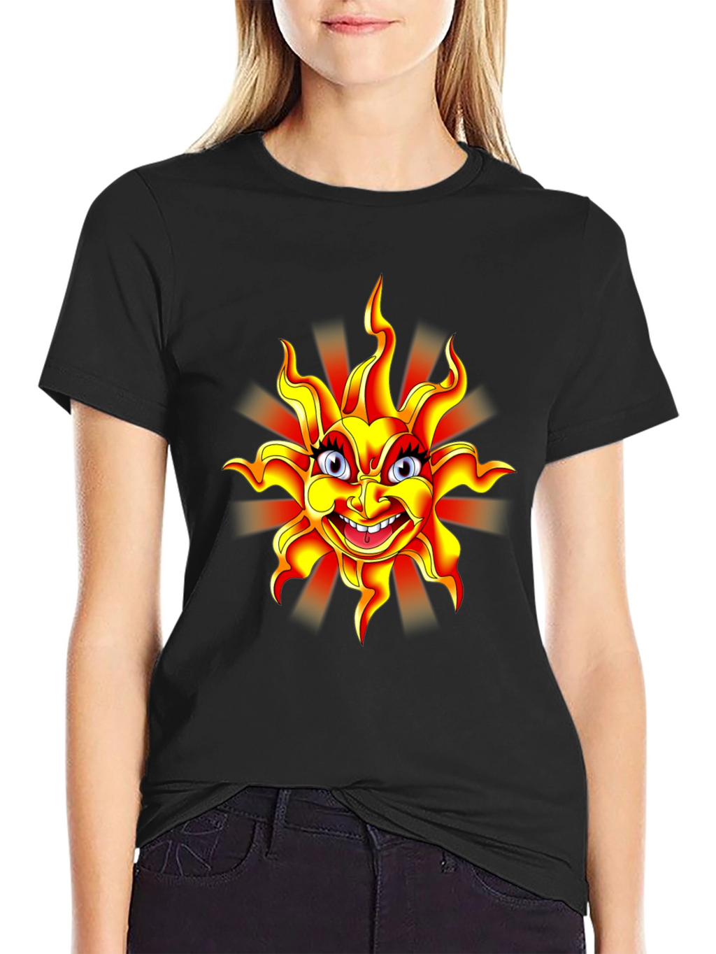 Cartoon Sun Graphic Black T-Shirt