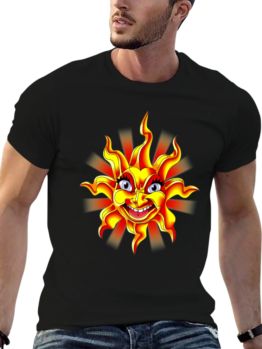 Cartoon Sun Graphic Black T-Shirt