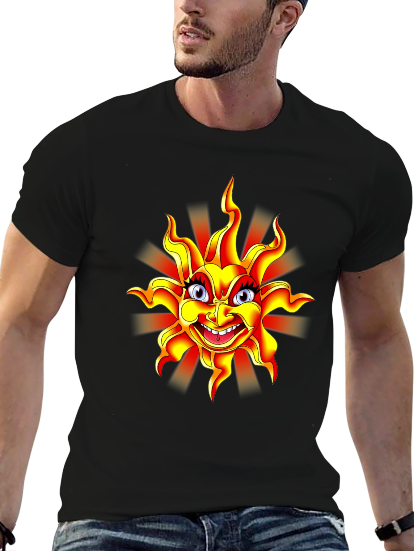 Cartoon Sun Graphic Black T-Shirt