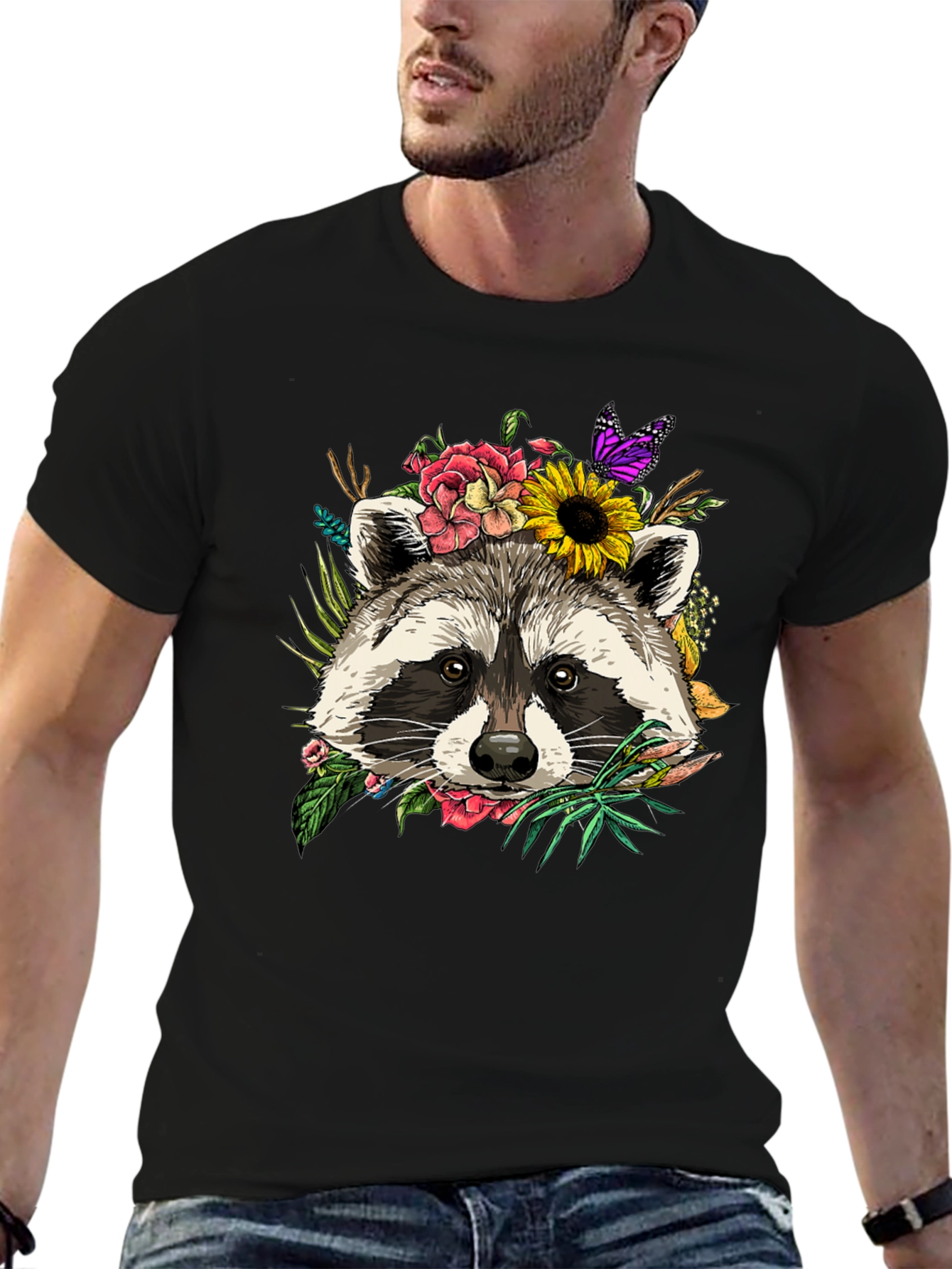 Floral Raccoon Graphic Tee - Unisex Black T-Shirt