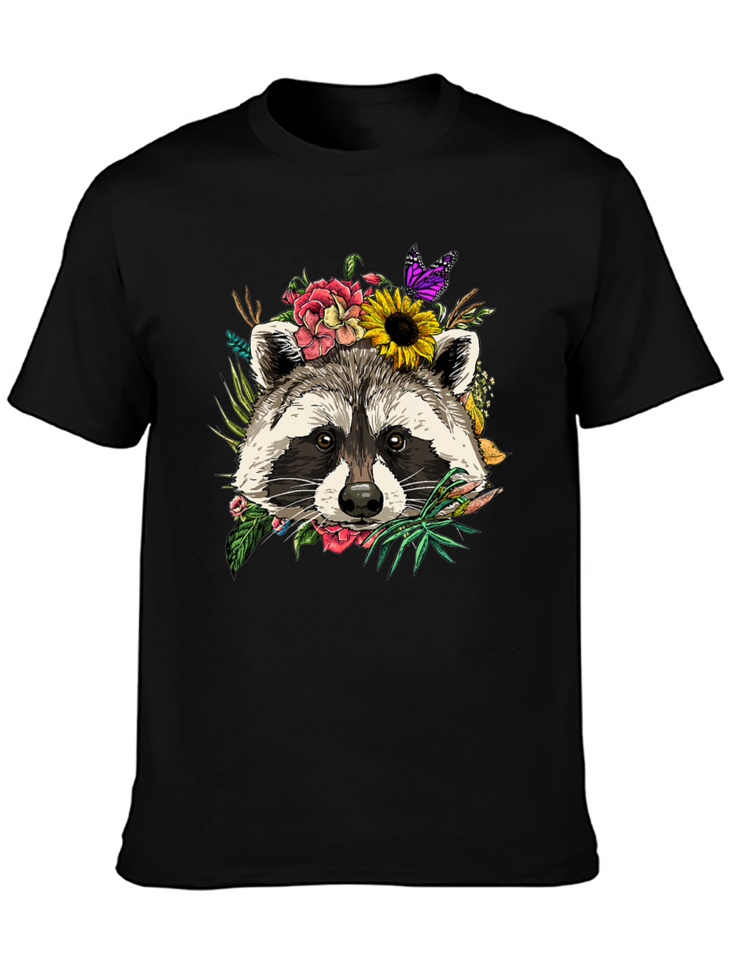 Floral Raccoon Graphic Tee - Unisex Black T-Shirt