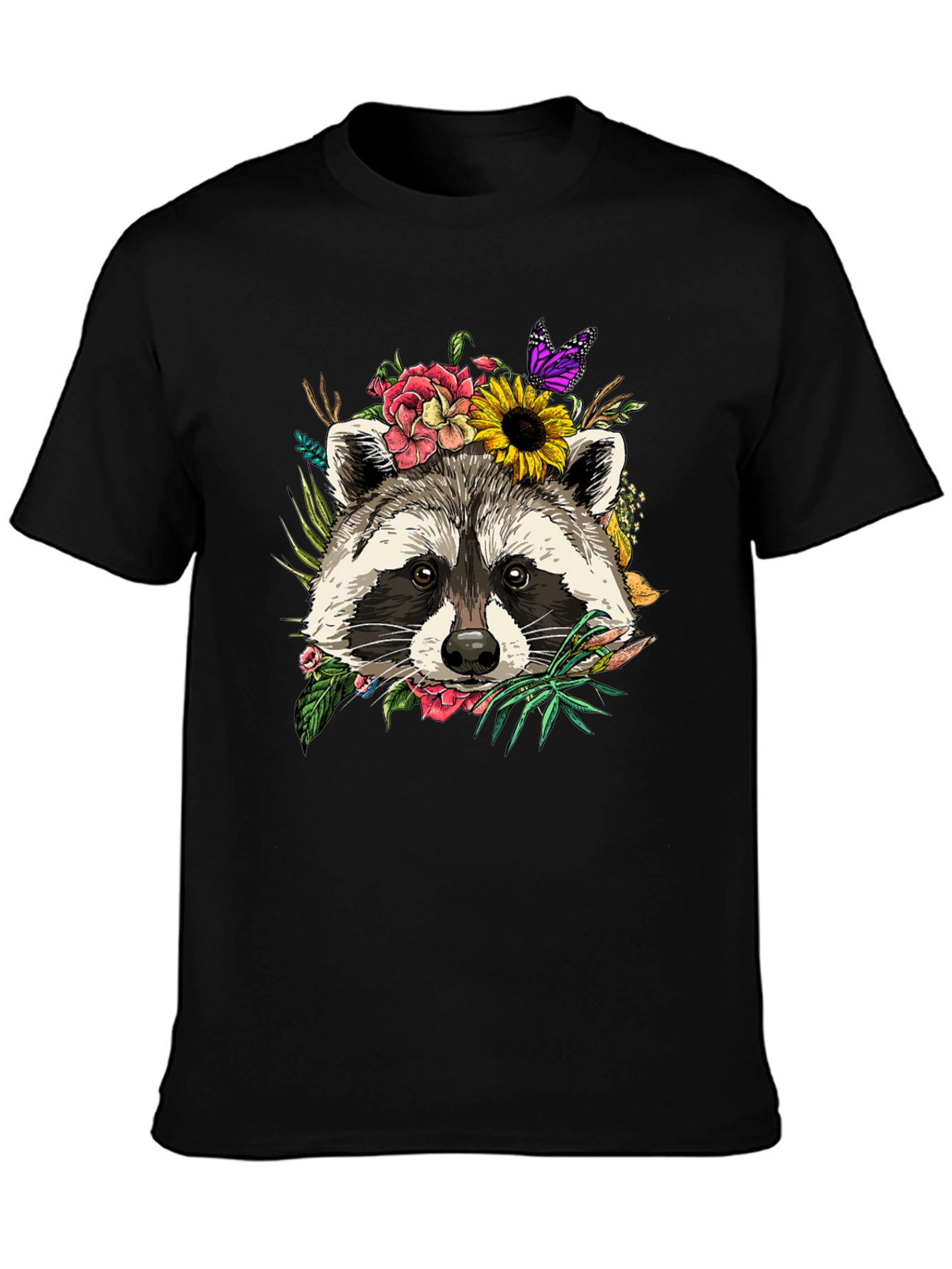 Floral Raccoon Graphic Tee - Unisex Black T-Shirt
