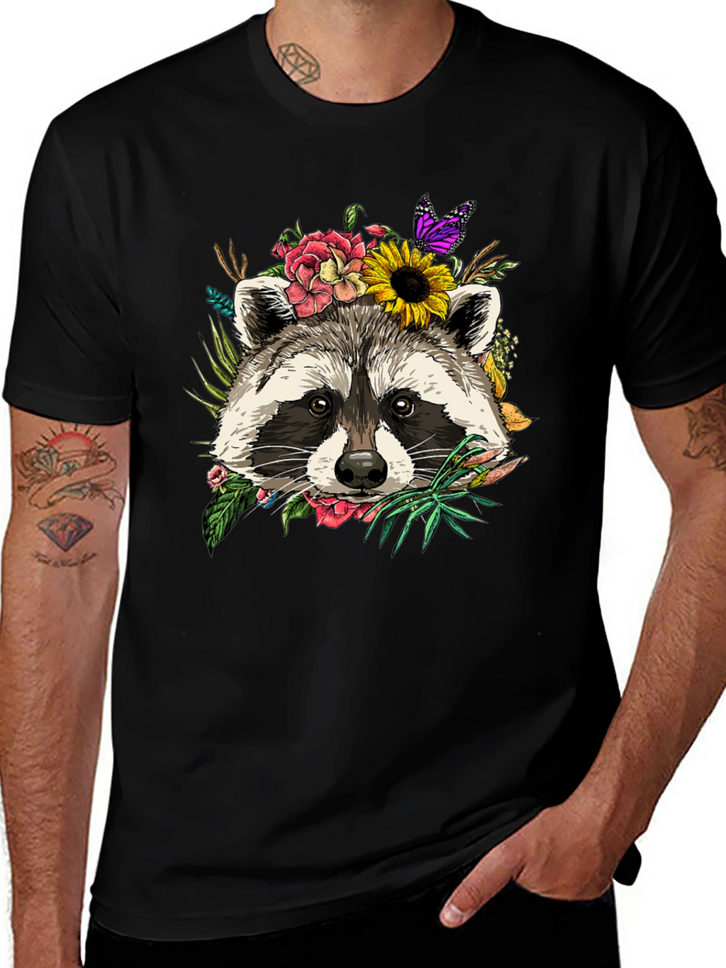 Floral Raccoon Graphic Tee - Unisex Black T-Shirt