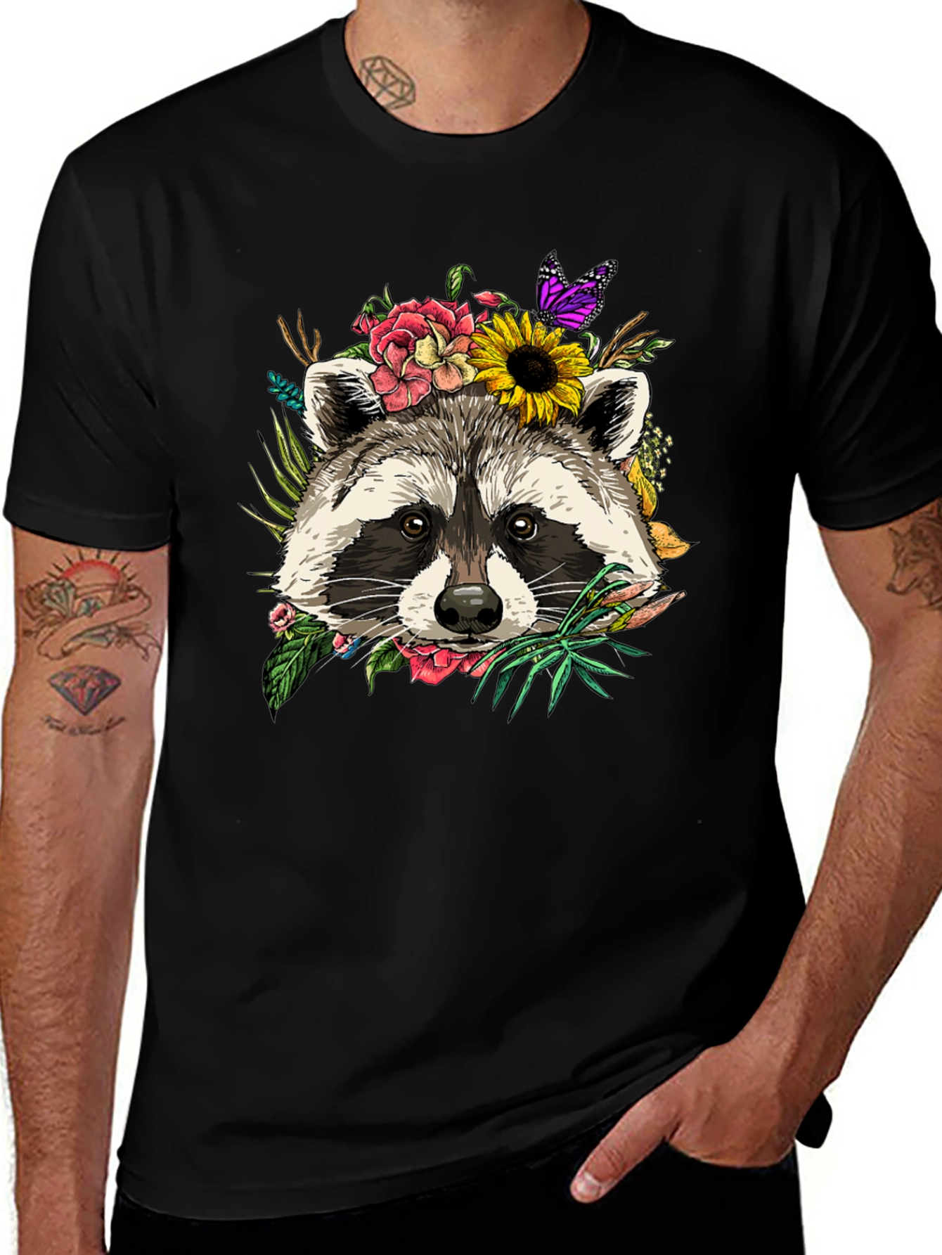 Floral Raccoon Graphic Tee - Unisex Black T-Shirt