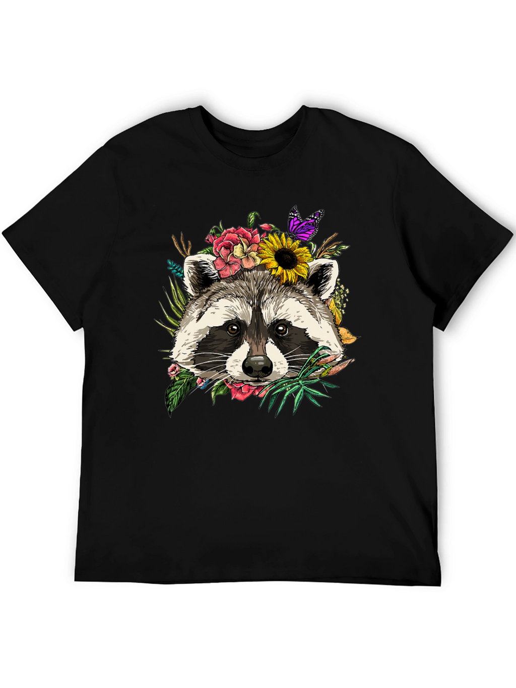 Floral Raccoon Graphic Tee - Unisex Black T-Shirt
