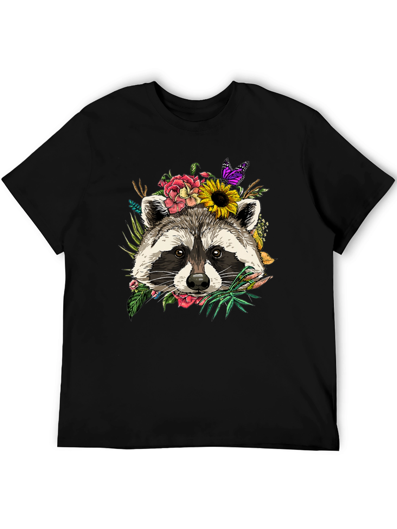 Floral Raccoon Graphic Tee - Unisex Black T-Shirt
