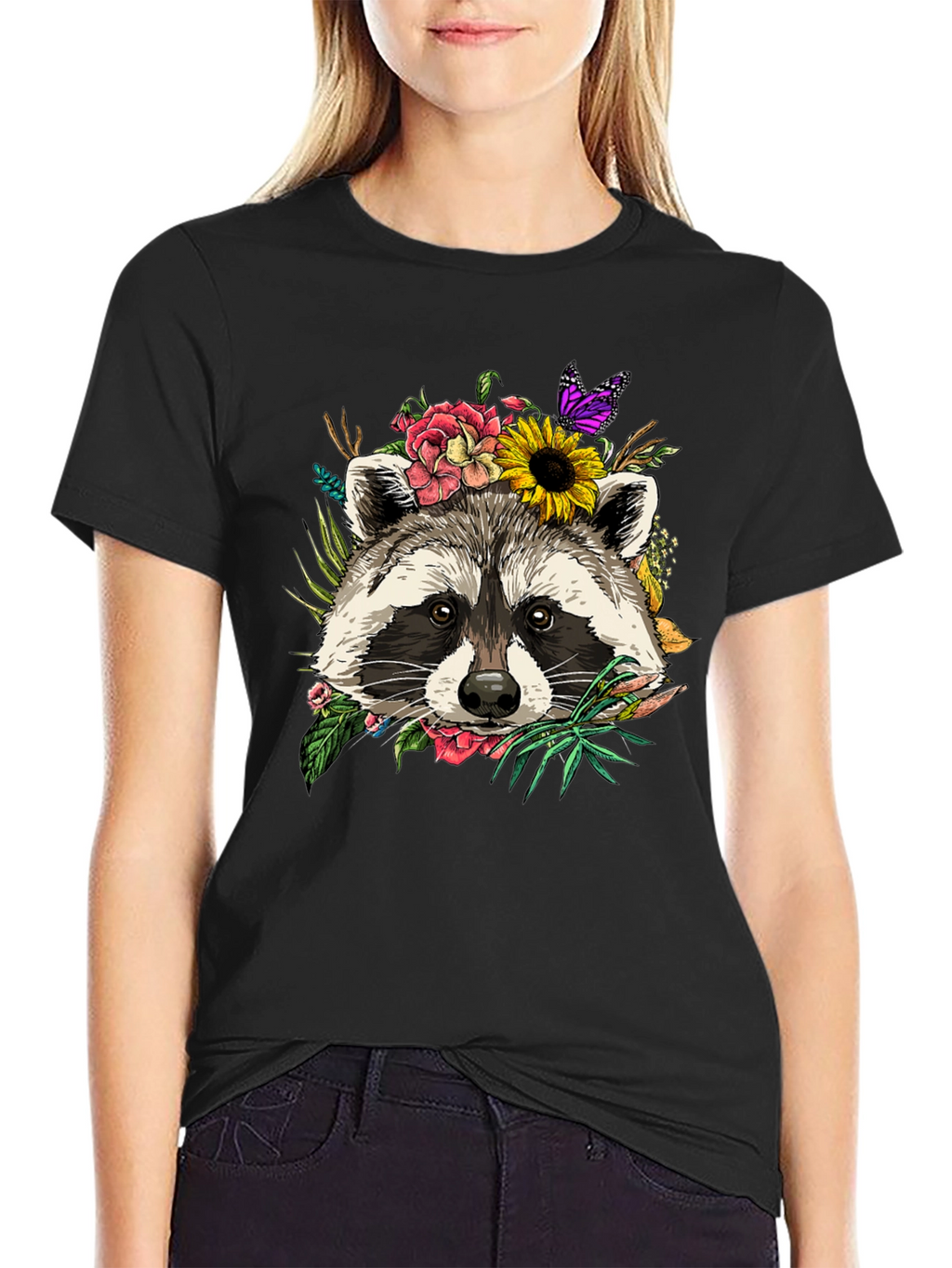 Floral Raccoon Graphic Tee - Unisex Black T-Shirt