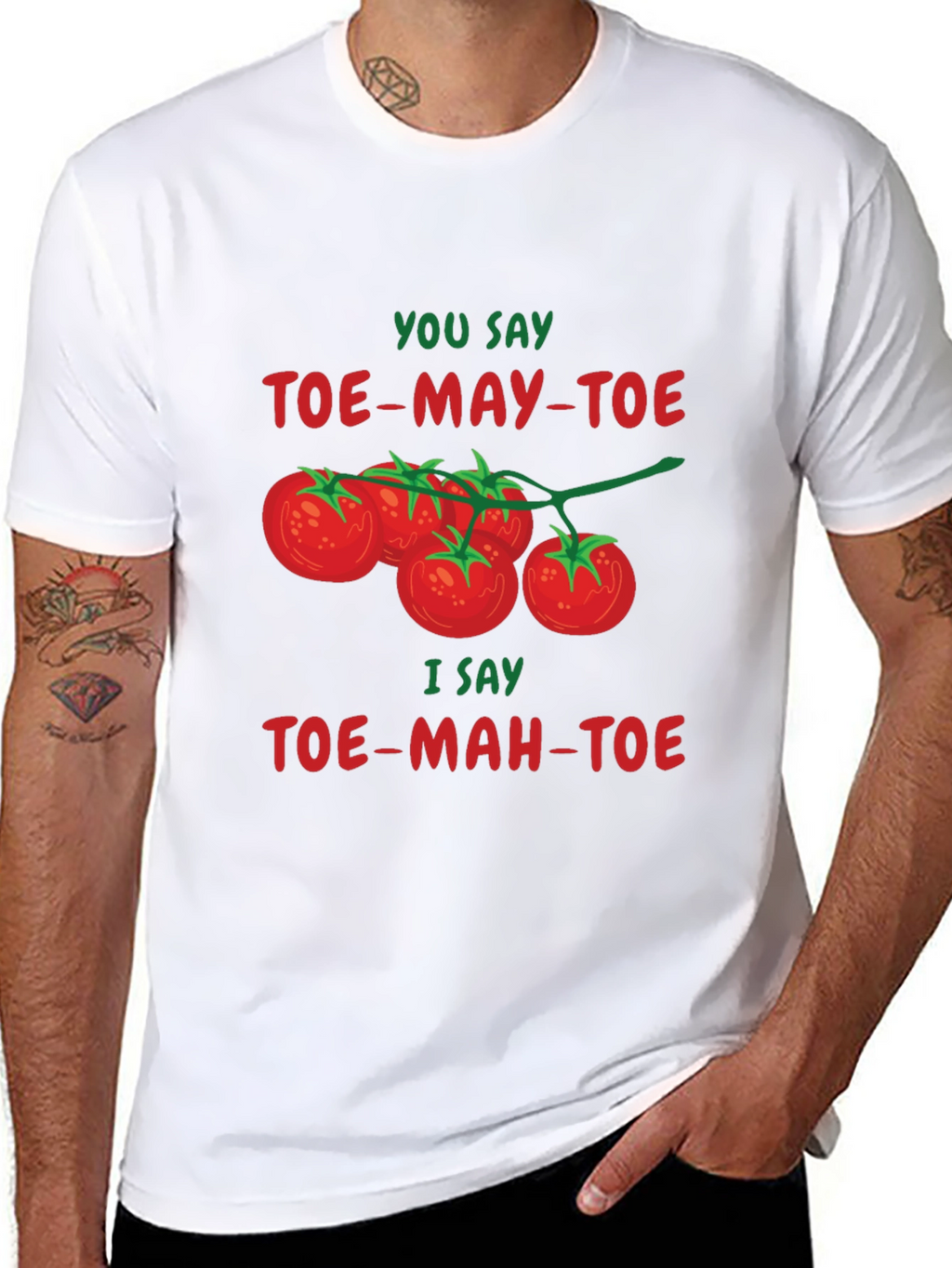 Tomato Pun T-Shirt - Toe-May-Toe Toe-Mah-Toe Funny Graphic Tee