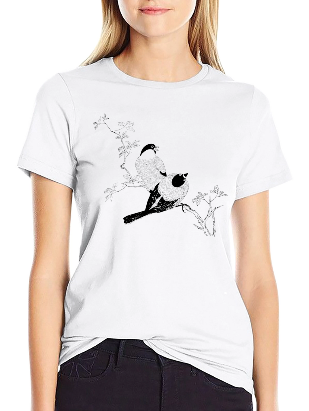 Black T-Shirt with Bird Branch Graphic