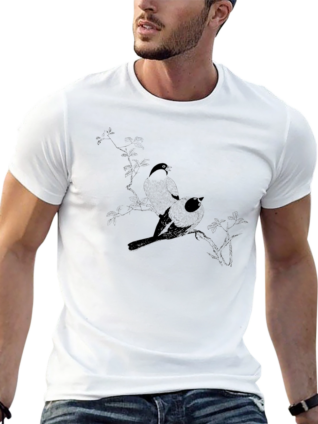 Black T-Shirt with Bird Branch Graphic