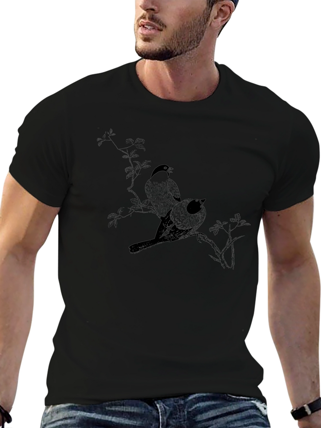 Black T-Shirt with Bird Branch Graphic