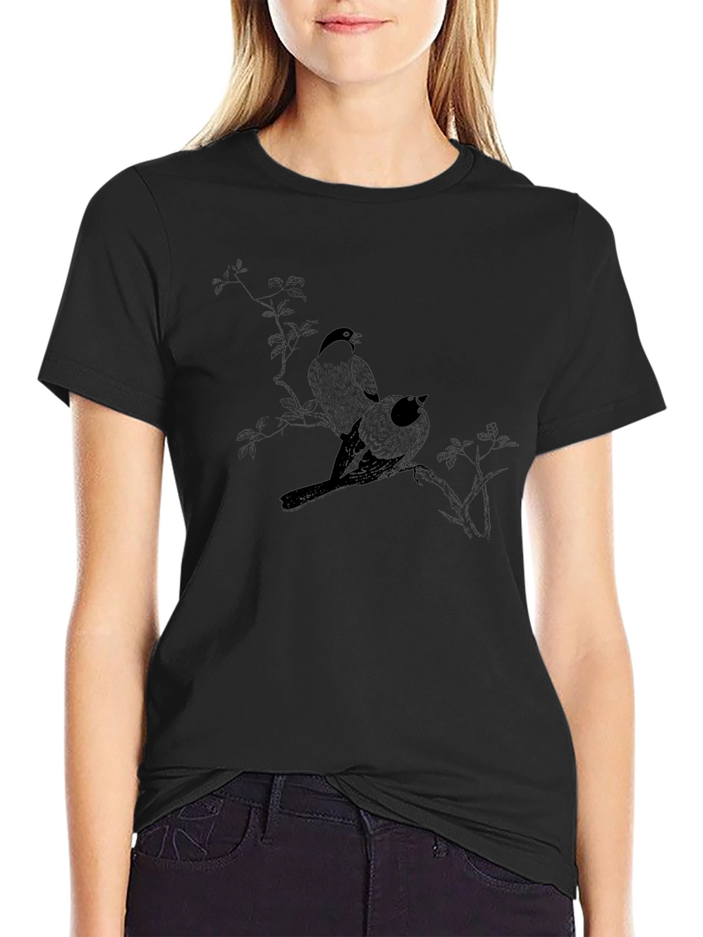 Black T-Shirt with Bird Branch Graphic