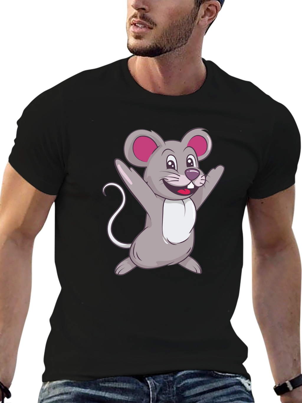Cartoon Mouse Graphic Tee - Black Casual T-Shirt
