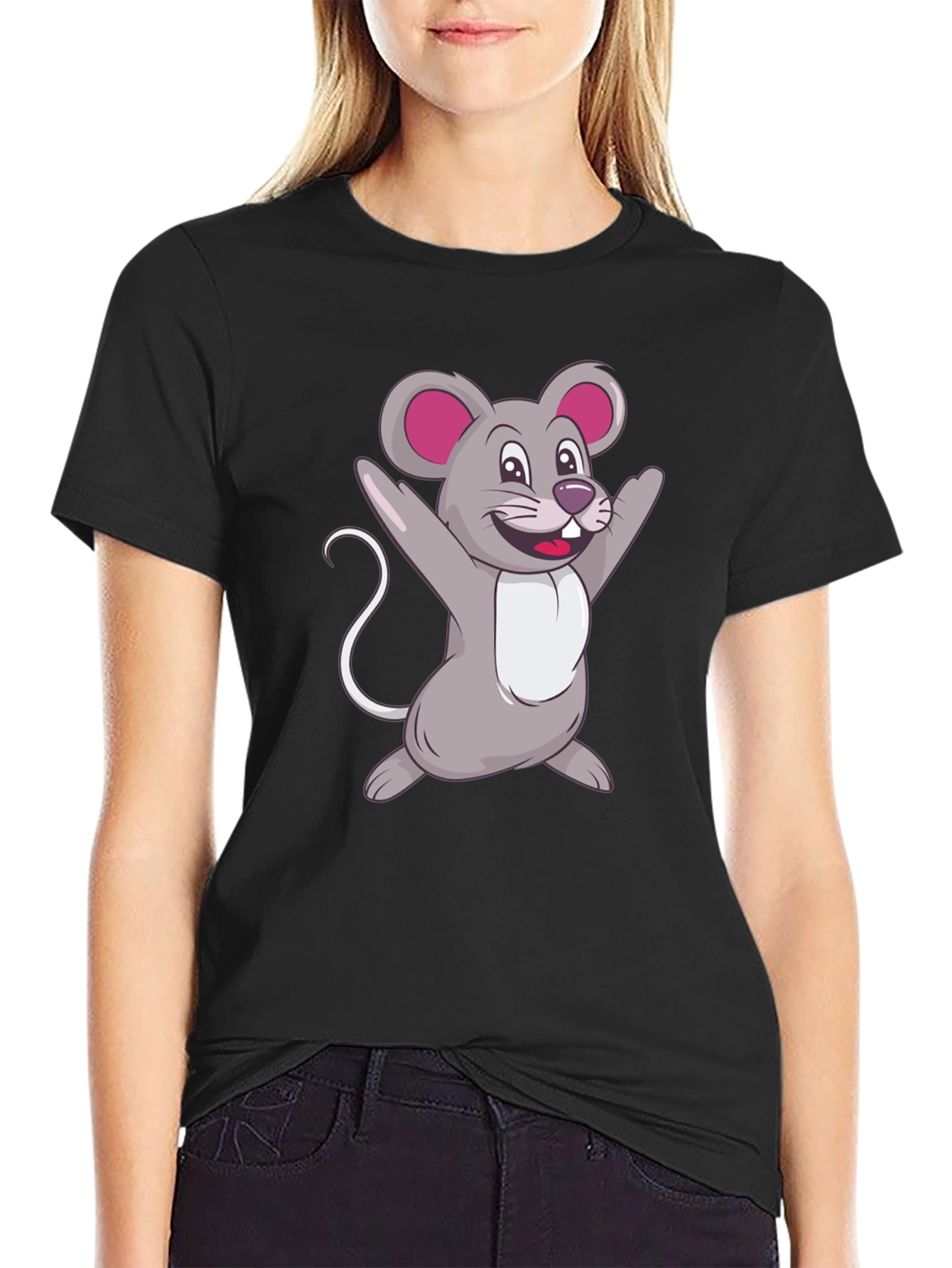 Cartoon Mouse Graphic Tee - Black Casual T-Shirt