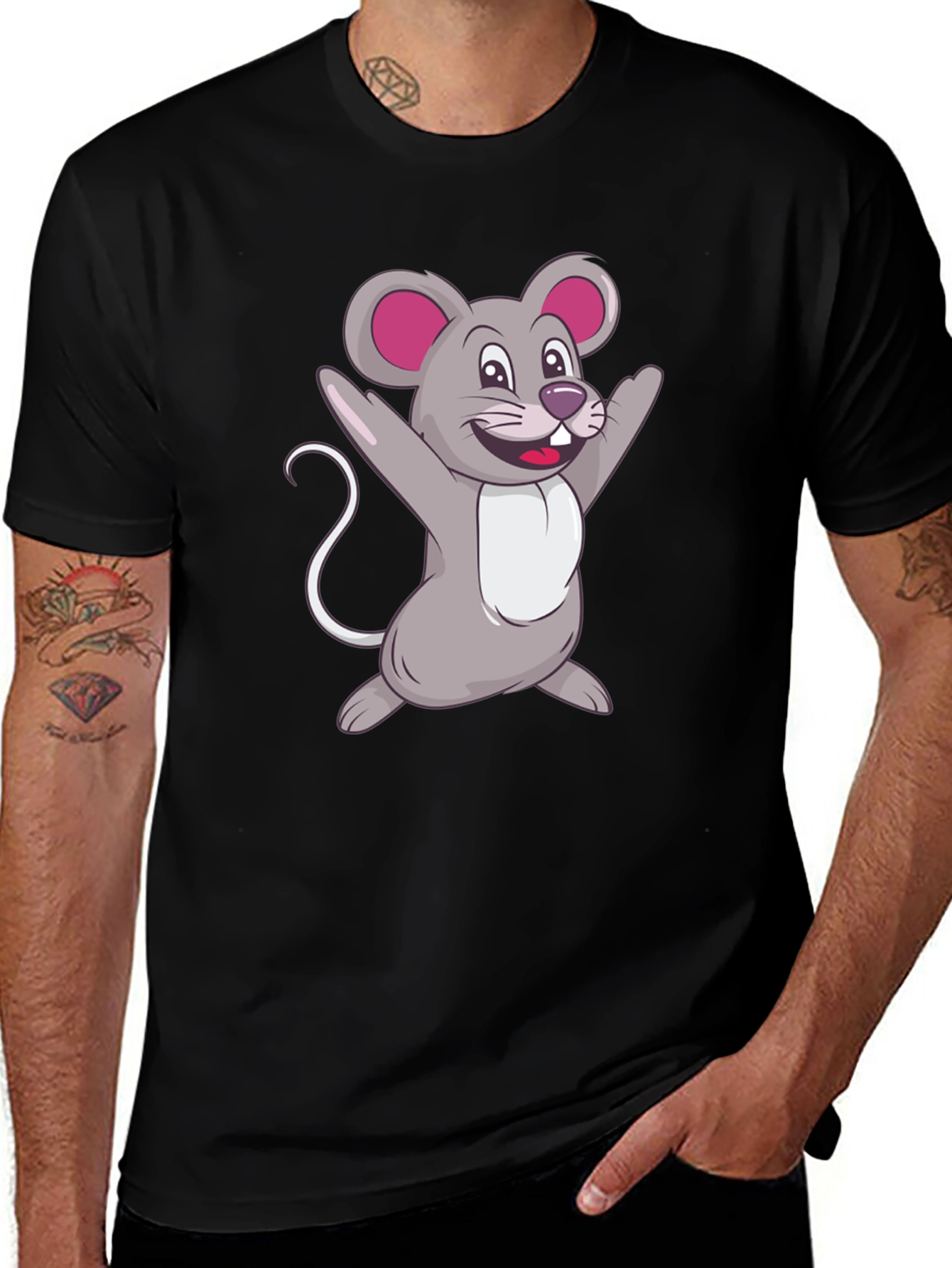 Cartoon Mouse Graphic Tee - Black Casual T-Shirt