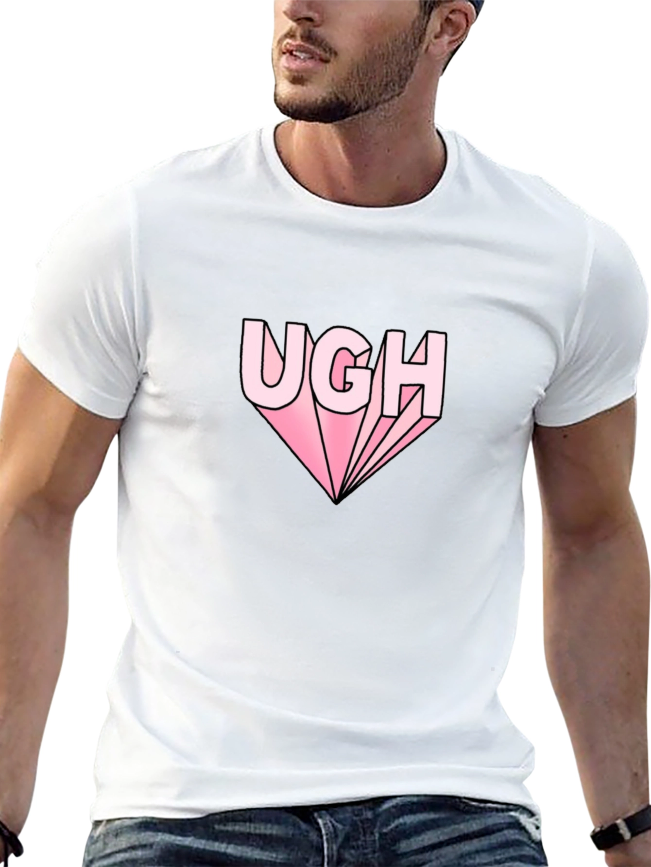 Ugh Graphic Tee - Pink Text on Black Shirt