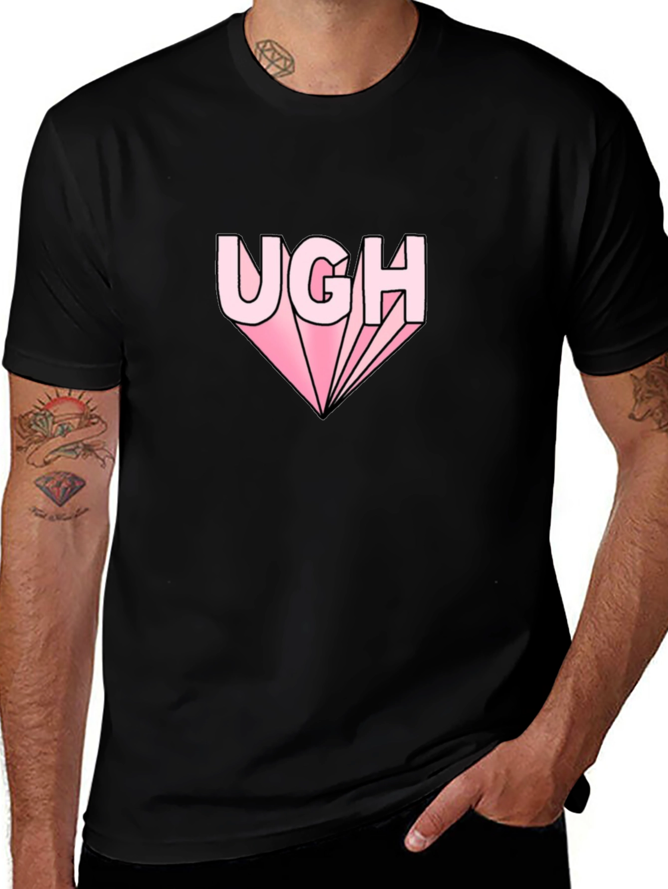 Ugh Graphic Tee - Pink Text on Black Shirt