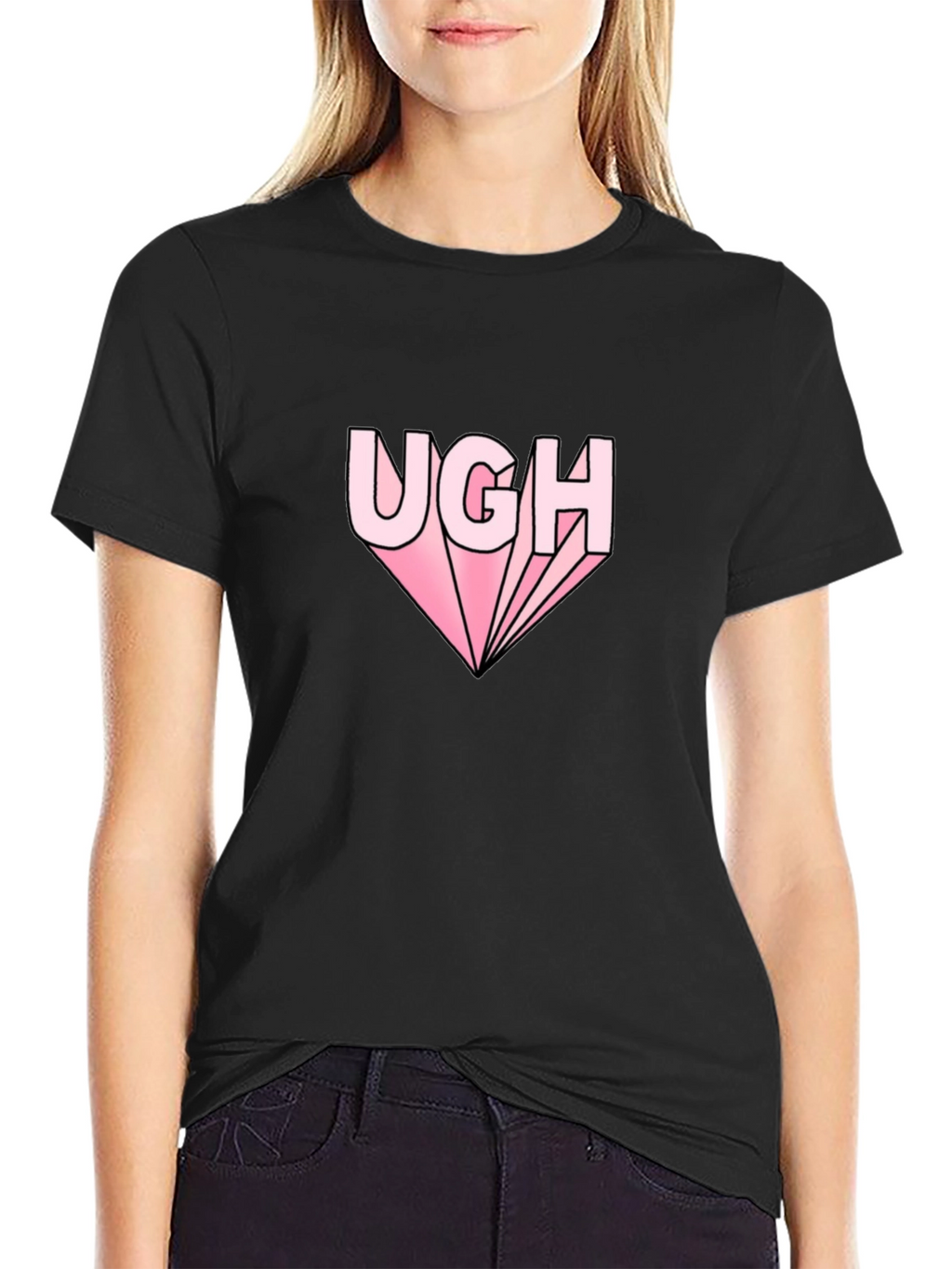 Ugh Graphic Tee - Pink Text on Black Shirt