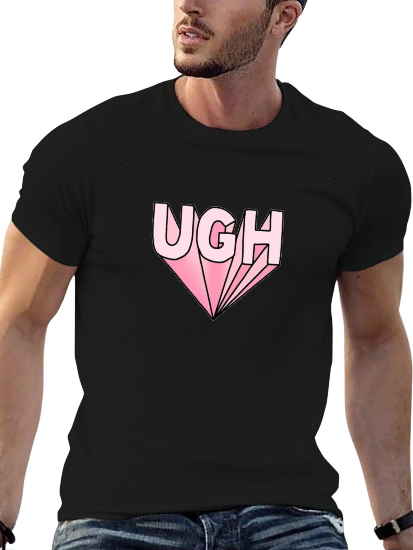 Ugh Graphic Tee - Pink Text on Black Shirt