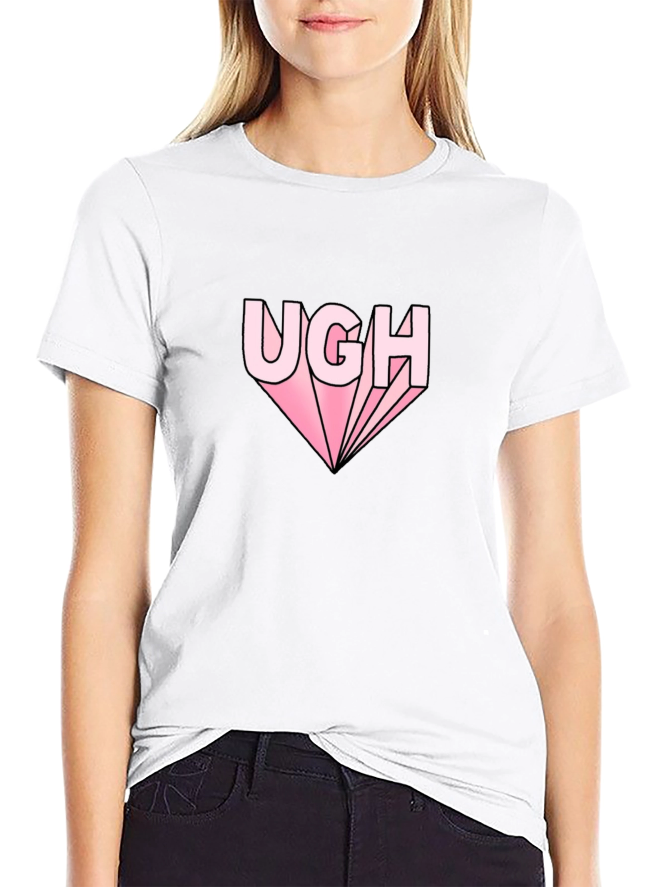 Ugh Graphic Tee - Pink Text on Black Shirt