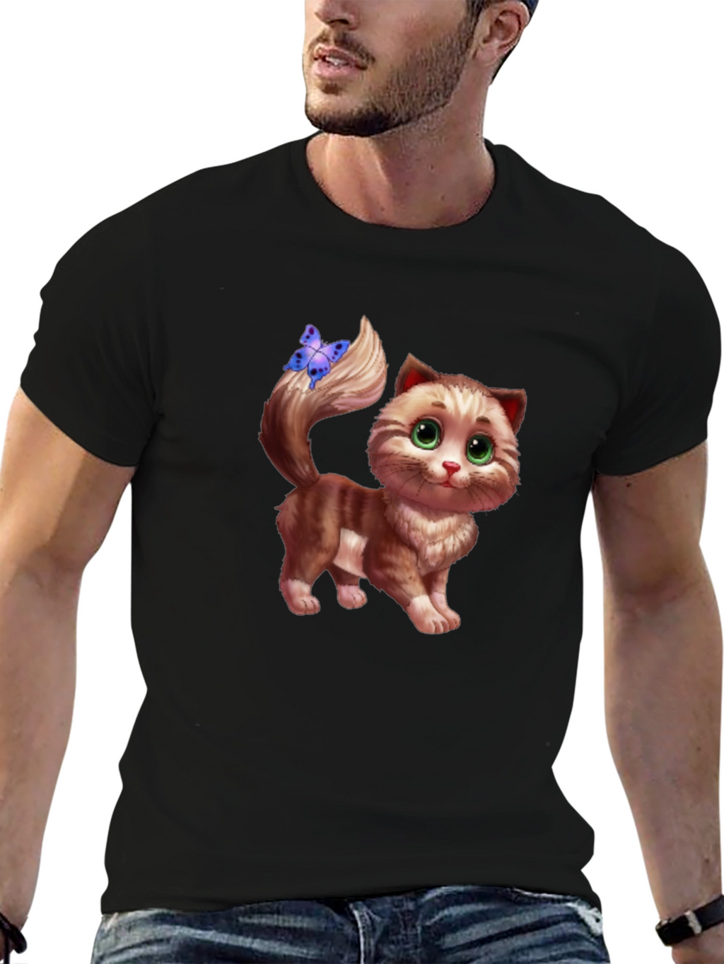 Cute Cartoon Cat Graphic Tee - Unisex Black T-Shirt