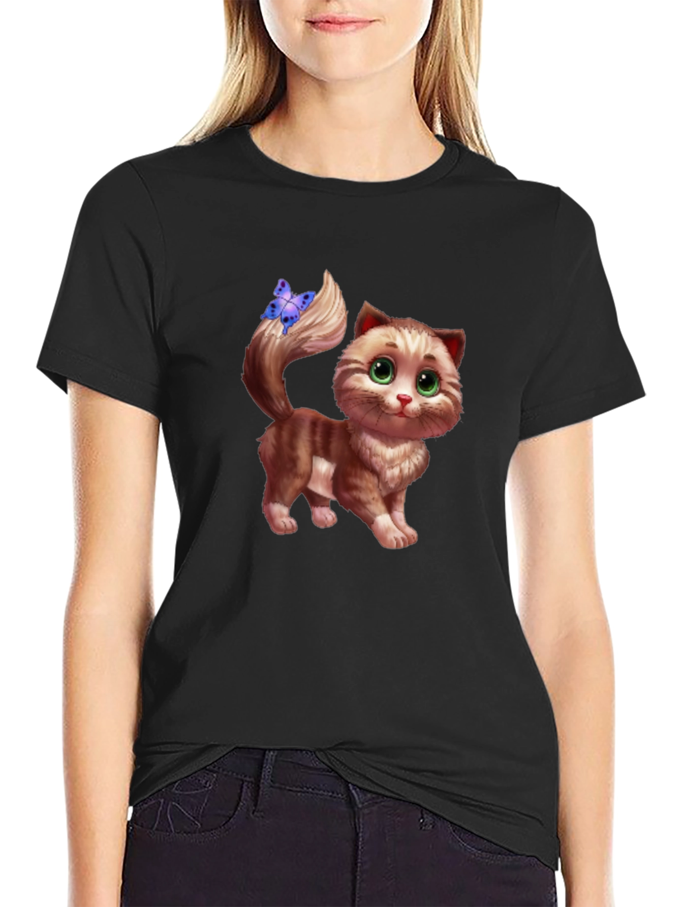 Cute Cartoon Cat Graphic Tee - Unisex Black T-Shirt