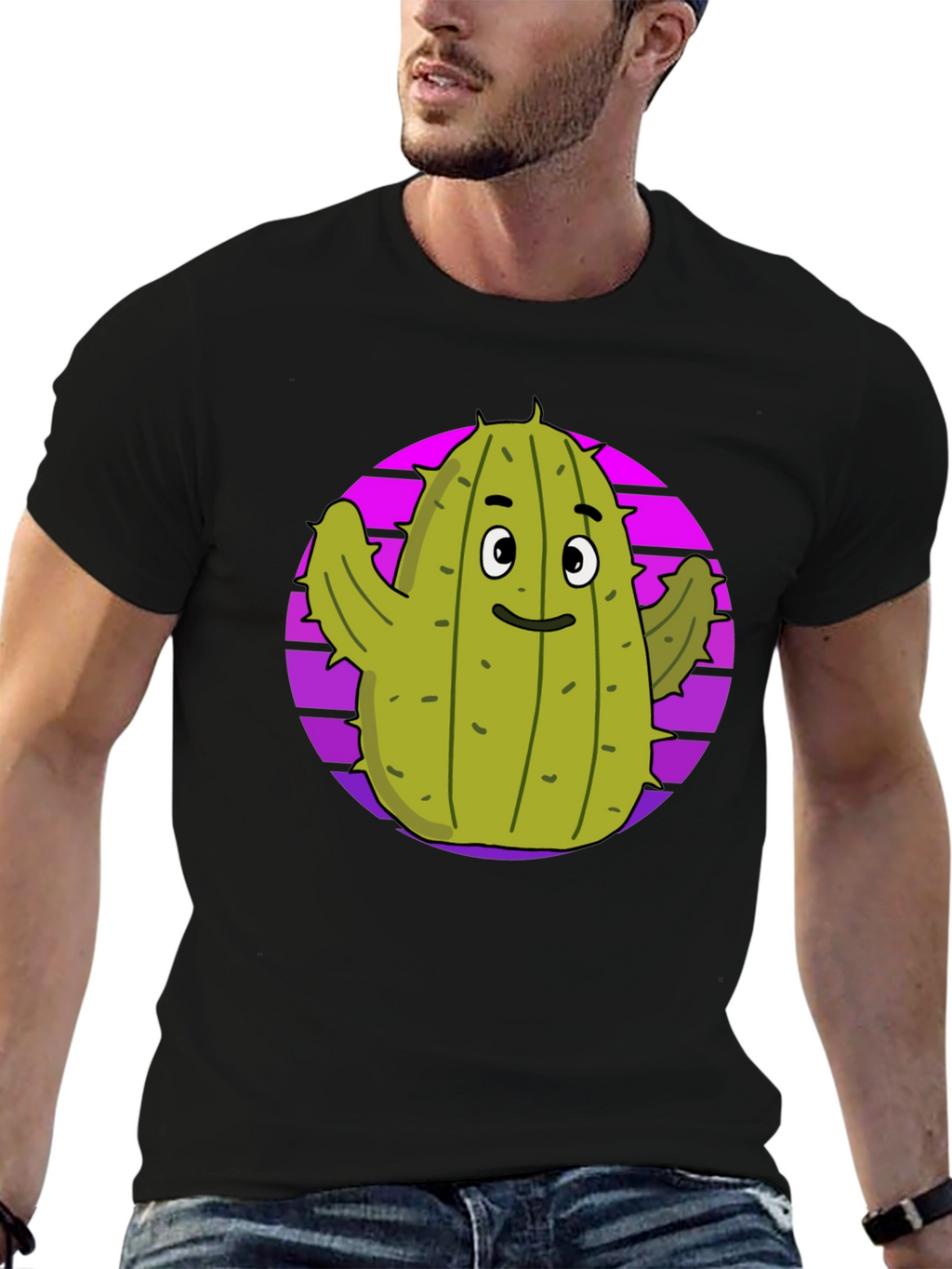Fun Cactus Graphic Tee - Black Cotton T-Shirt