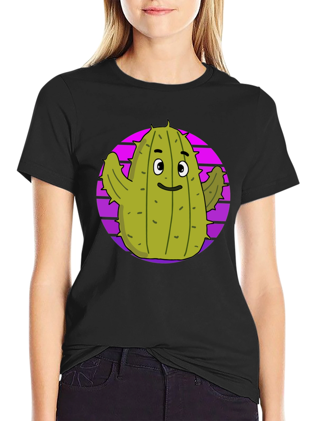 Fun Cactus Graphic Tee - Black Cotton T-Shirt