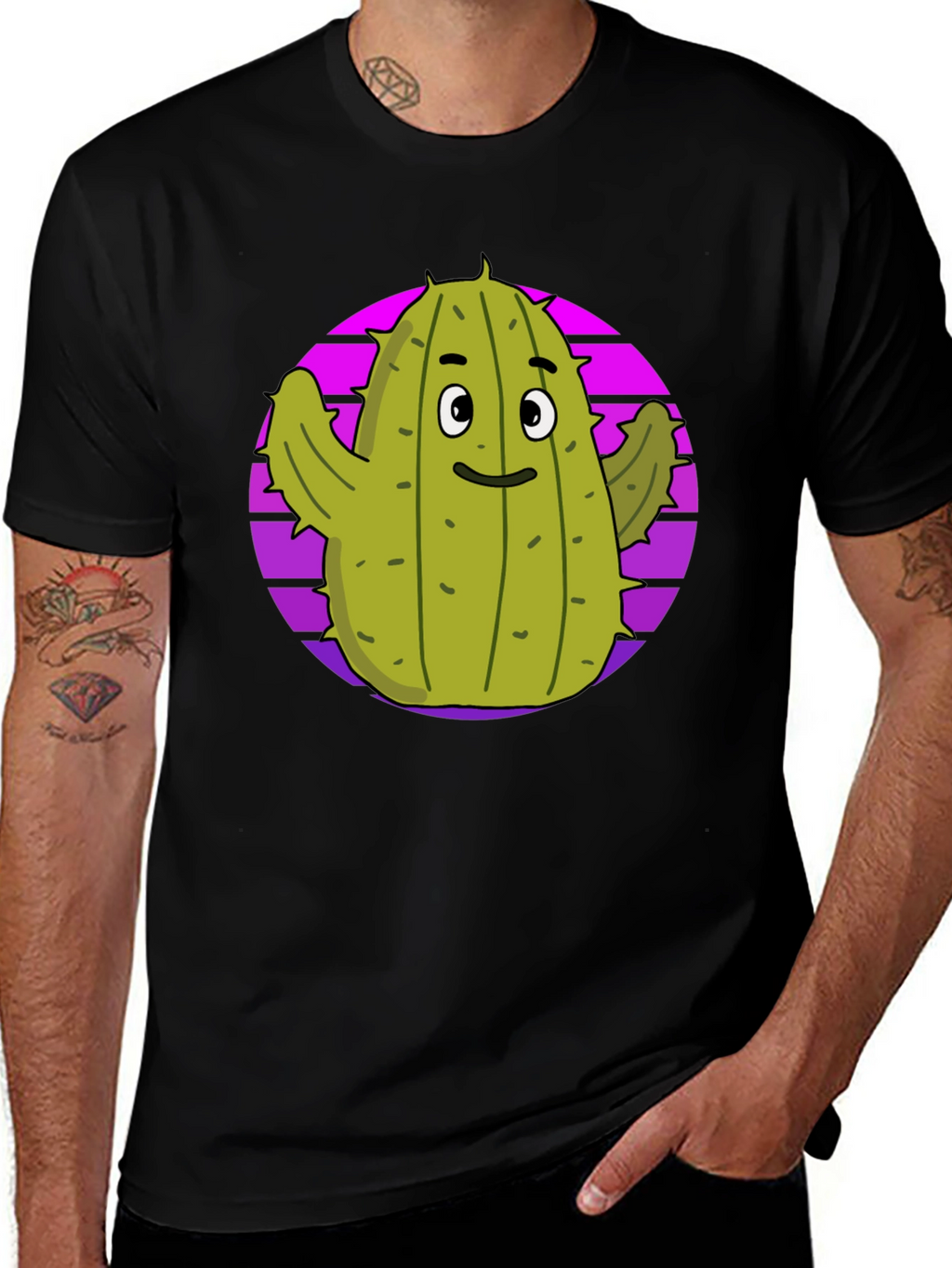 Fun Cactus Graphic Tee - Black Cotton T-Shirt