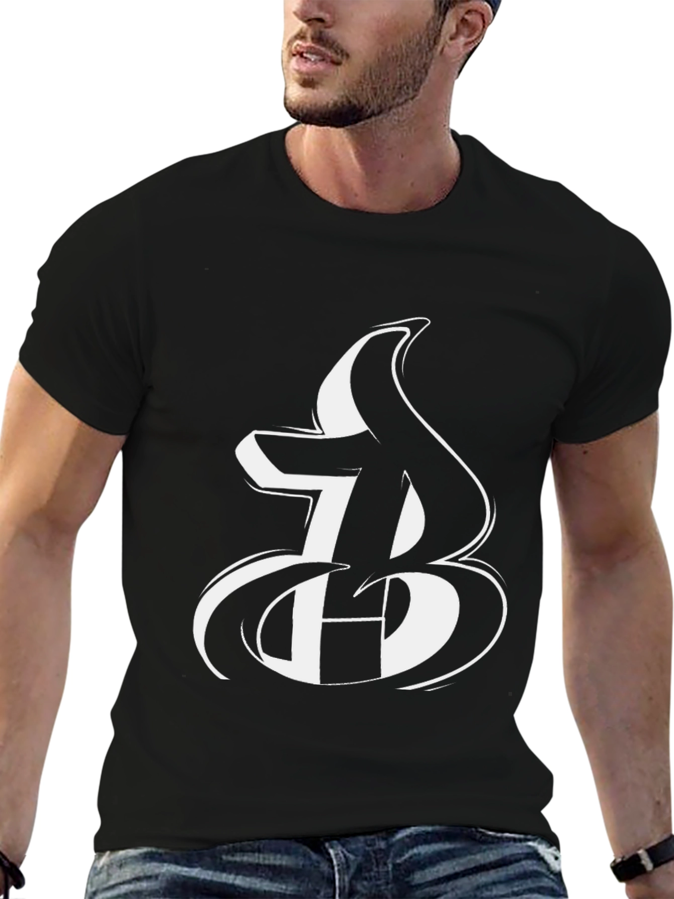 Bold Initial Graphic Tee - Black Cotton Blend T-Shirt