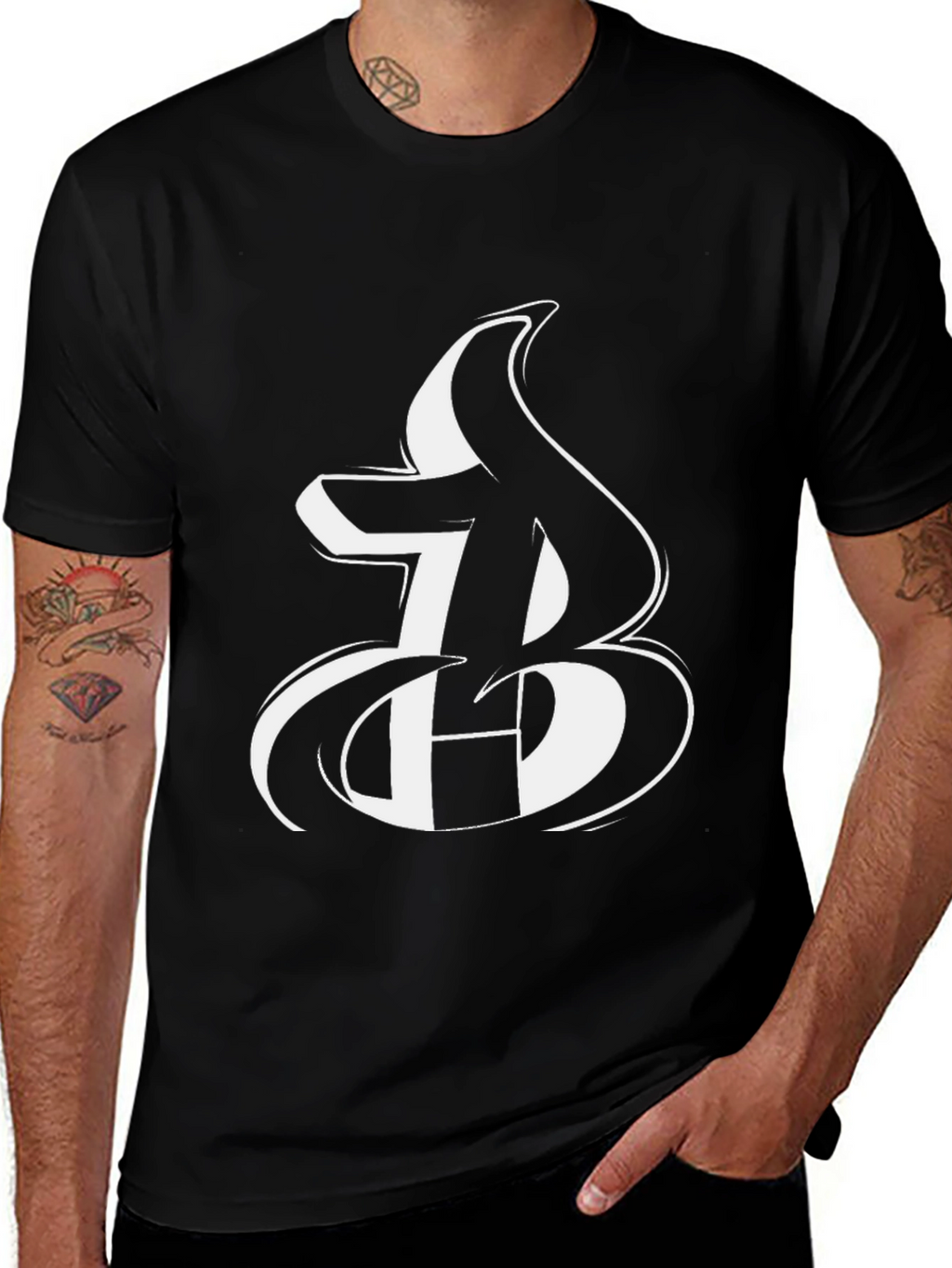 Bold Initial Graphic Tee - Black Cotton Blend T-Shirt